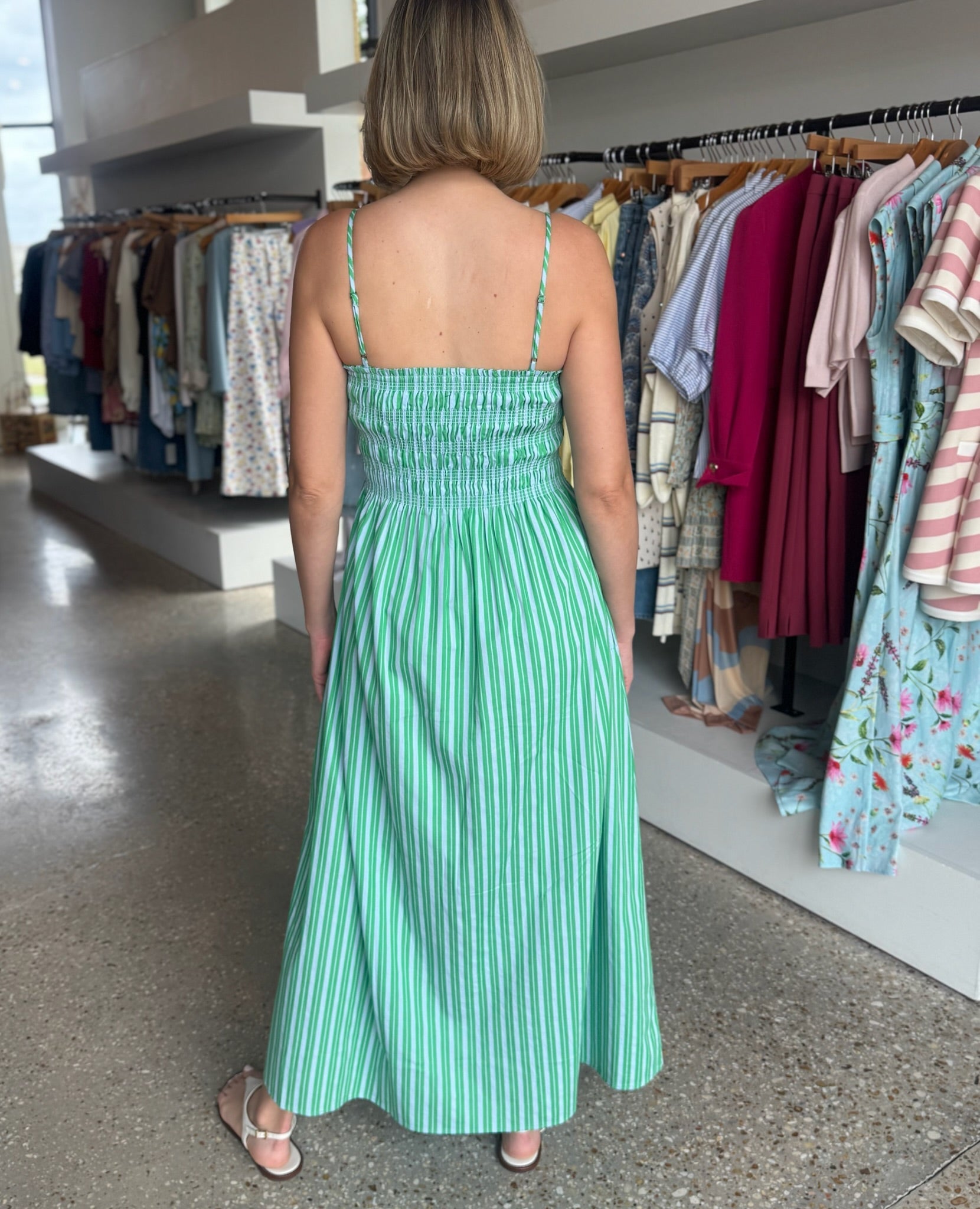 Green Blue Stripe Bianca Smocked Bodice Dress - Amor Lafayette