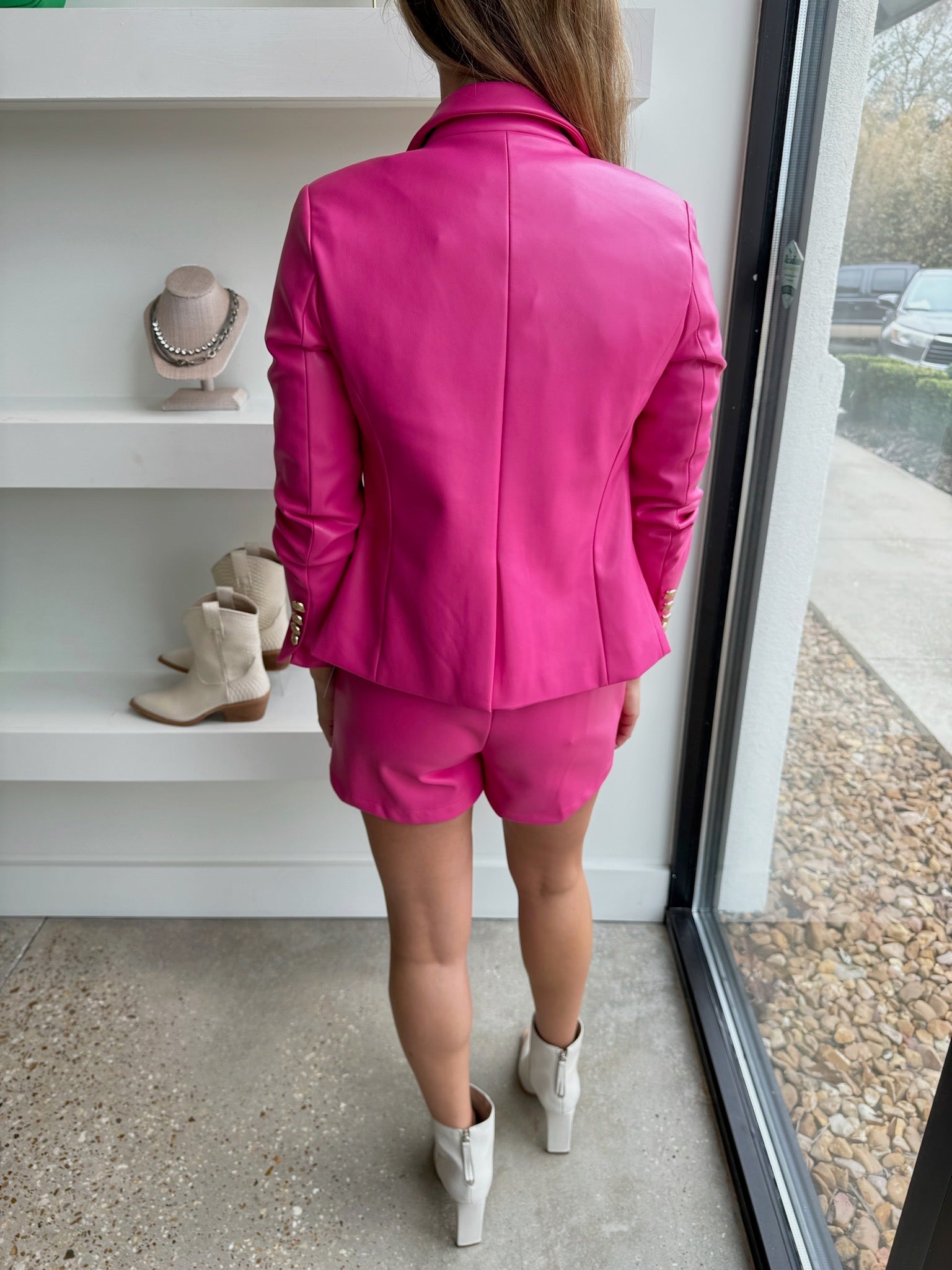 Hot Pink Vegan Leather Double Breasted Blazer - Amor Lafayette