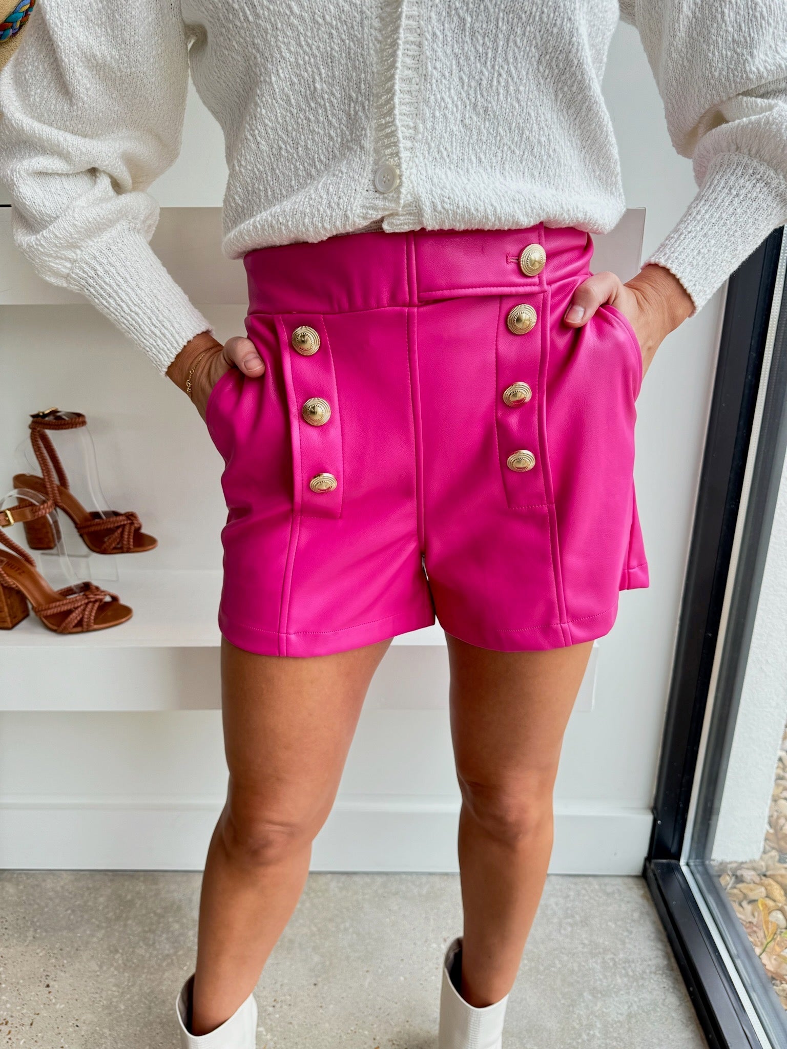 Hot Pink Vegan Leather Studded Short - Amor Lafayette