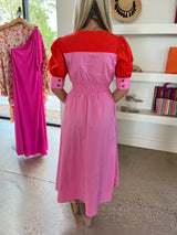Pink/Red Colorblock V Neck Dress