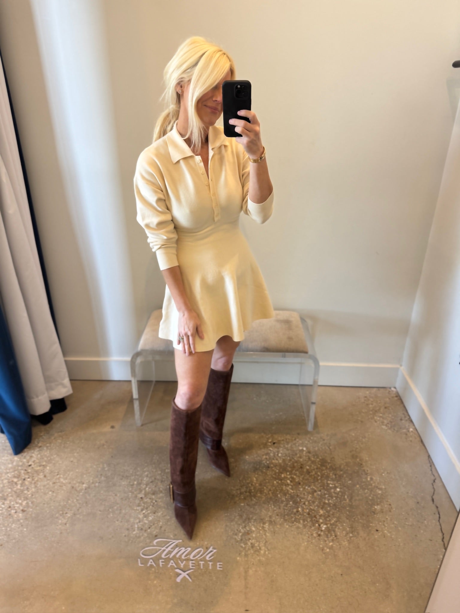 Ivory Collared Button Mini Dress - Amor Lafayette