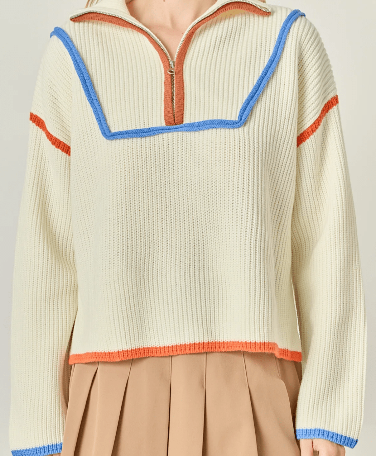 Ivory Multi Contrast Piping Quarter Zip Sweater - Amor Lafayette