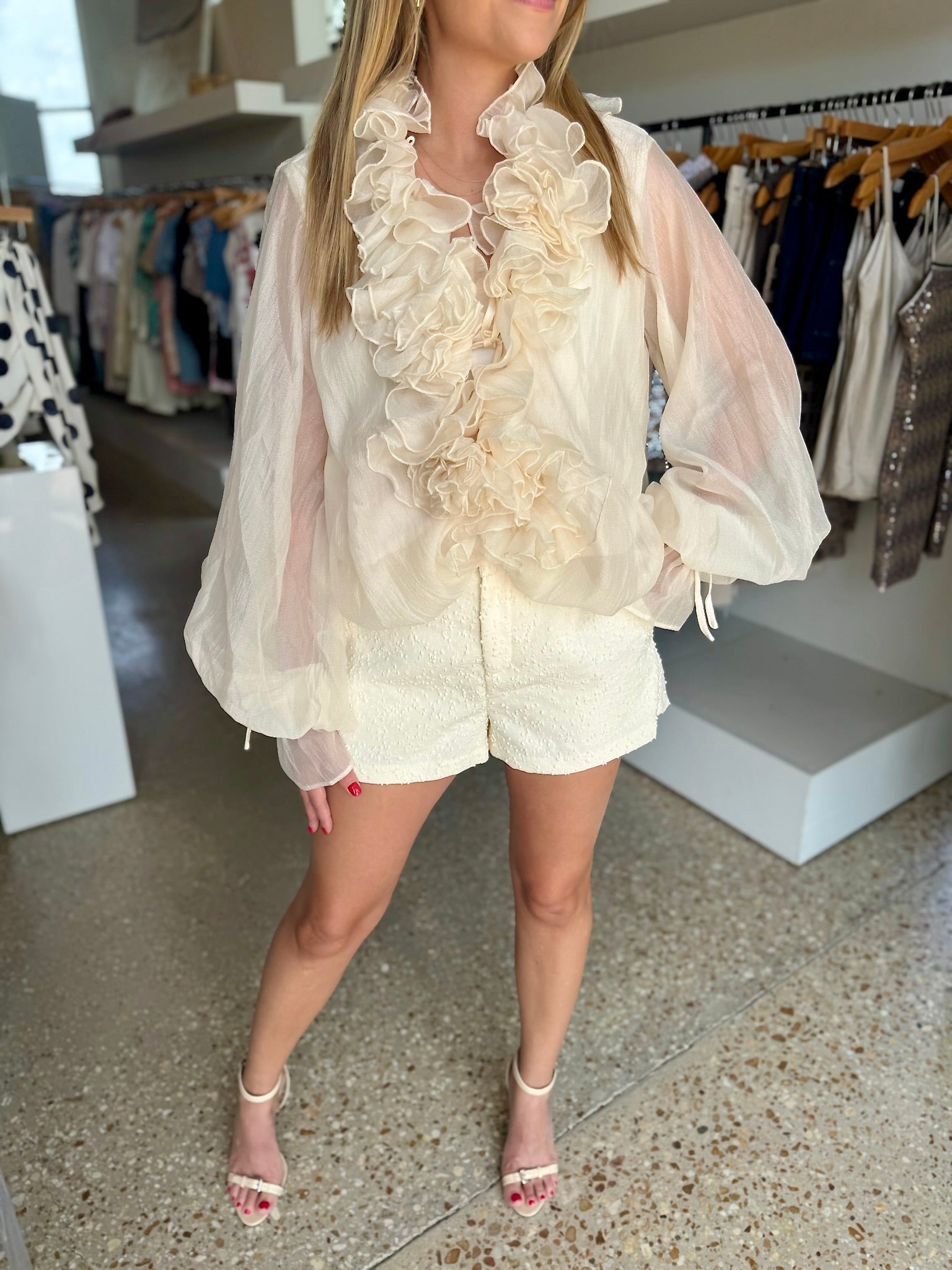 Ivory Ruffle Front Top - Amor Lafayette