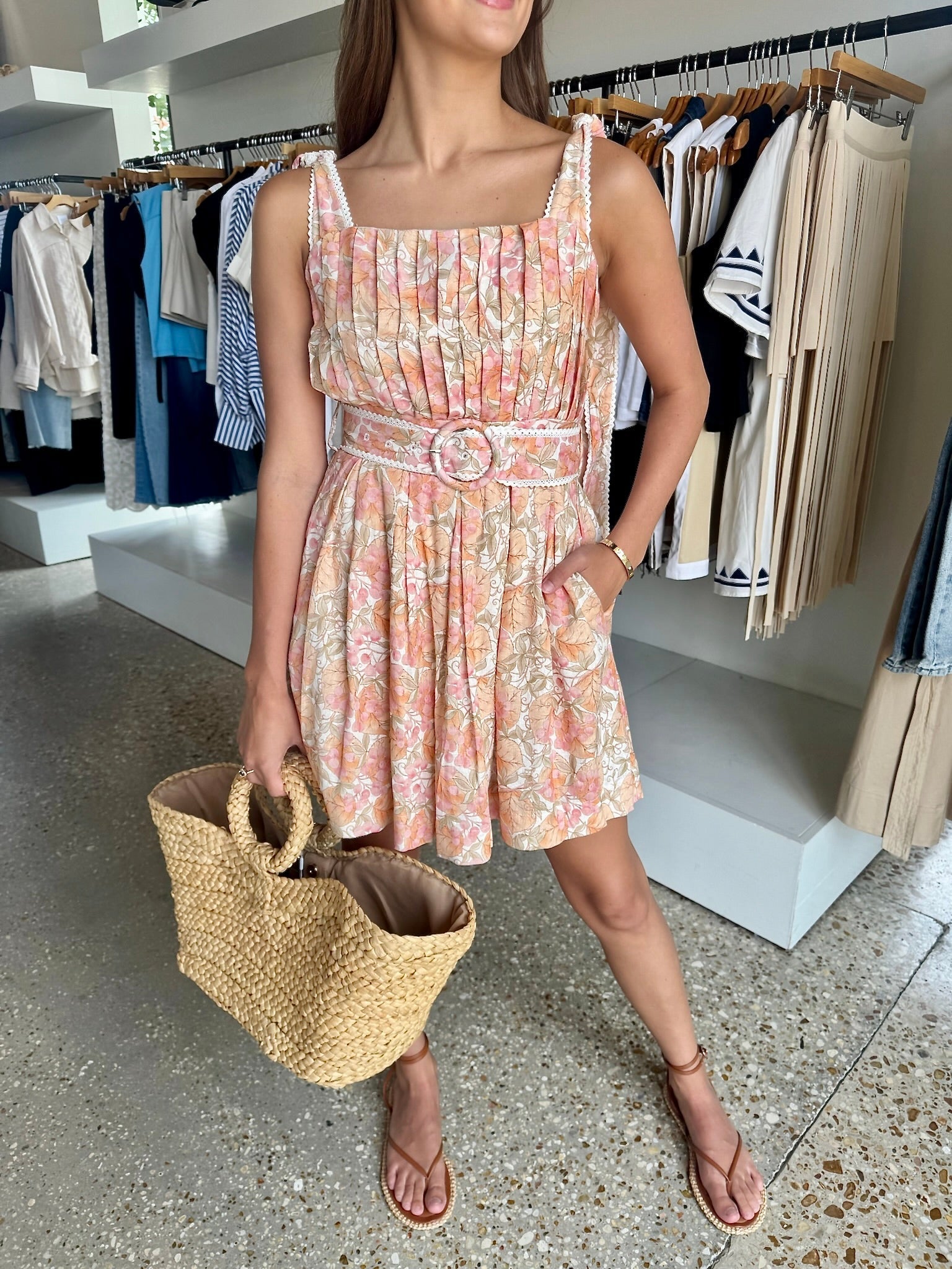 Ivory/Peach Linen Belted Mini Dress - Amor Lafayette