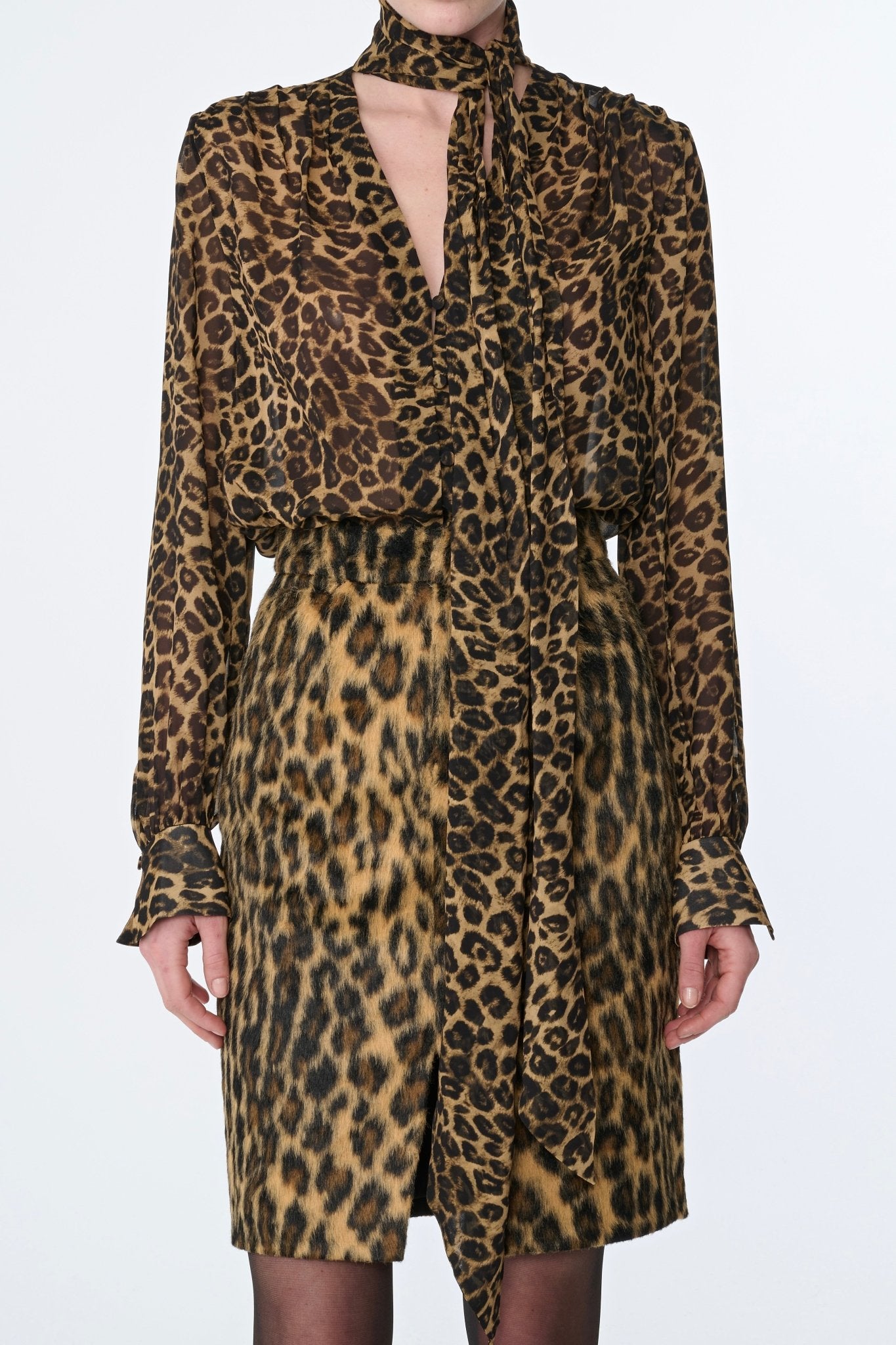 KAILA leopard TIE NECK BUTTON FRONT BLOUSE - Amor Lafayette