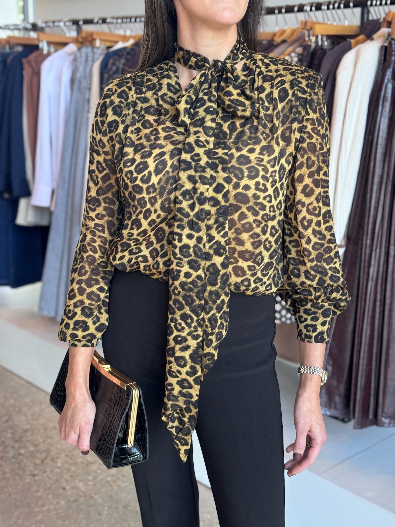 KAILA leopard TIE NECK BUTTON FRONT BLOUSE - Amor Lafayette