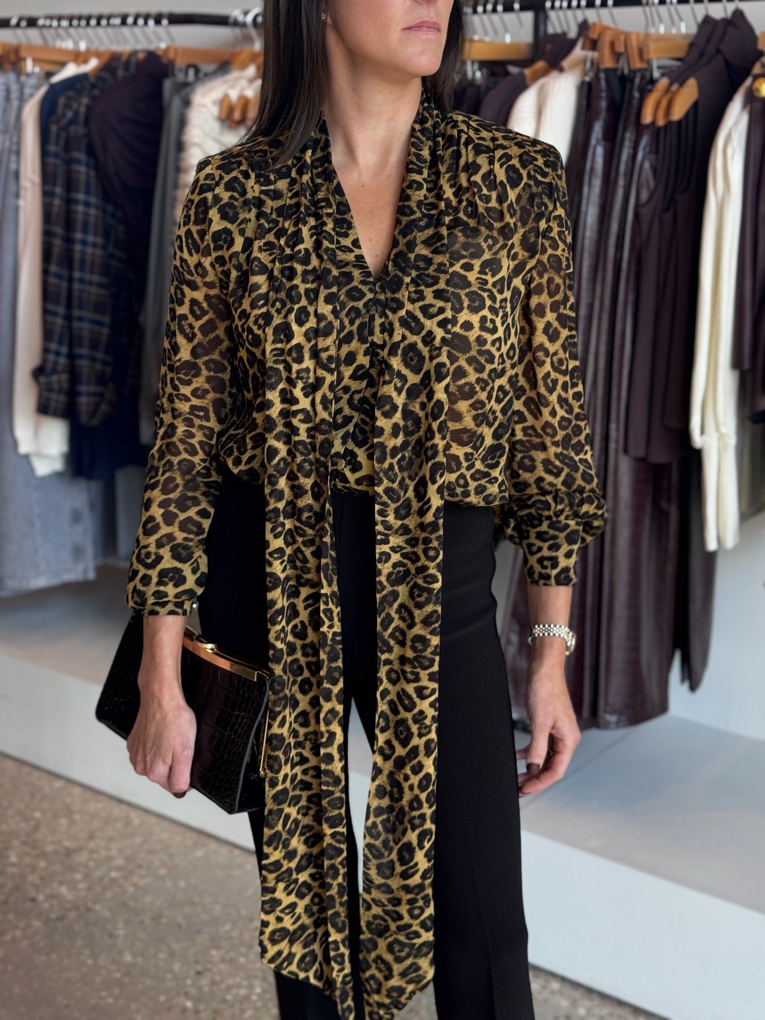 KAILA leopard TIE NECK BUTTON FRONT BLOUSE - Amor Lafayette