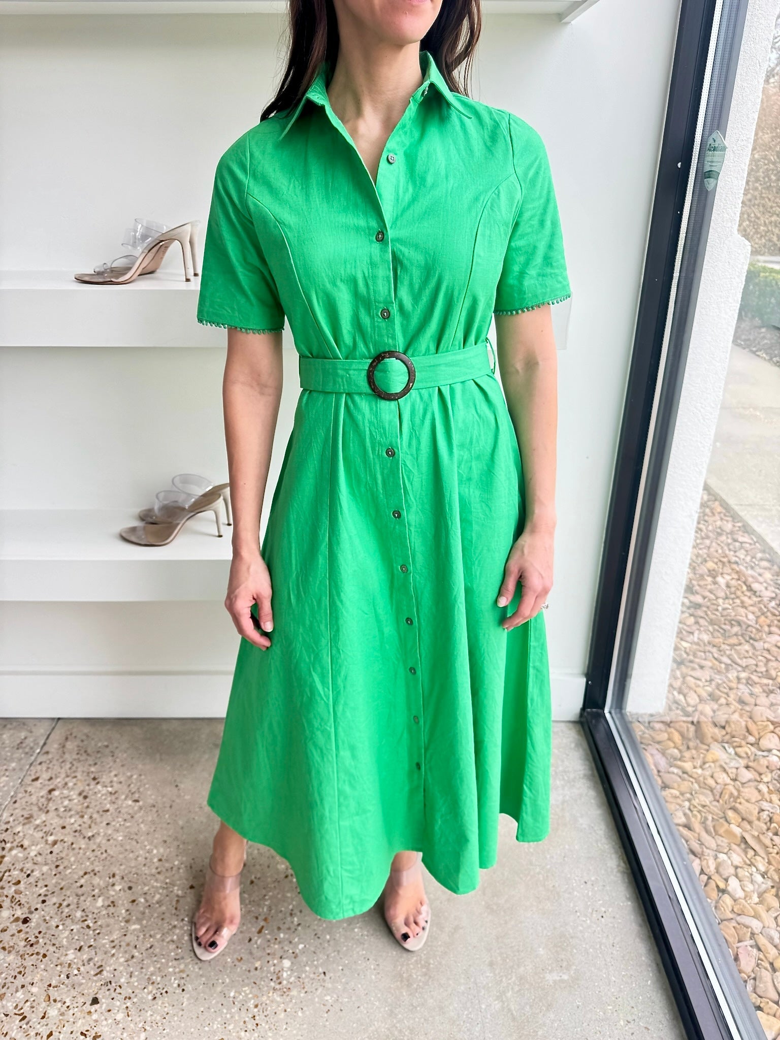 Kelly Green Princess Seam Short Sleeve Dress - Amor Lafayette