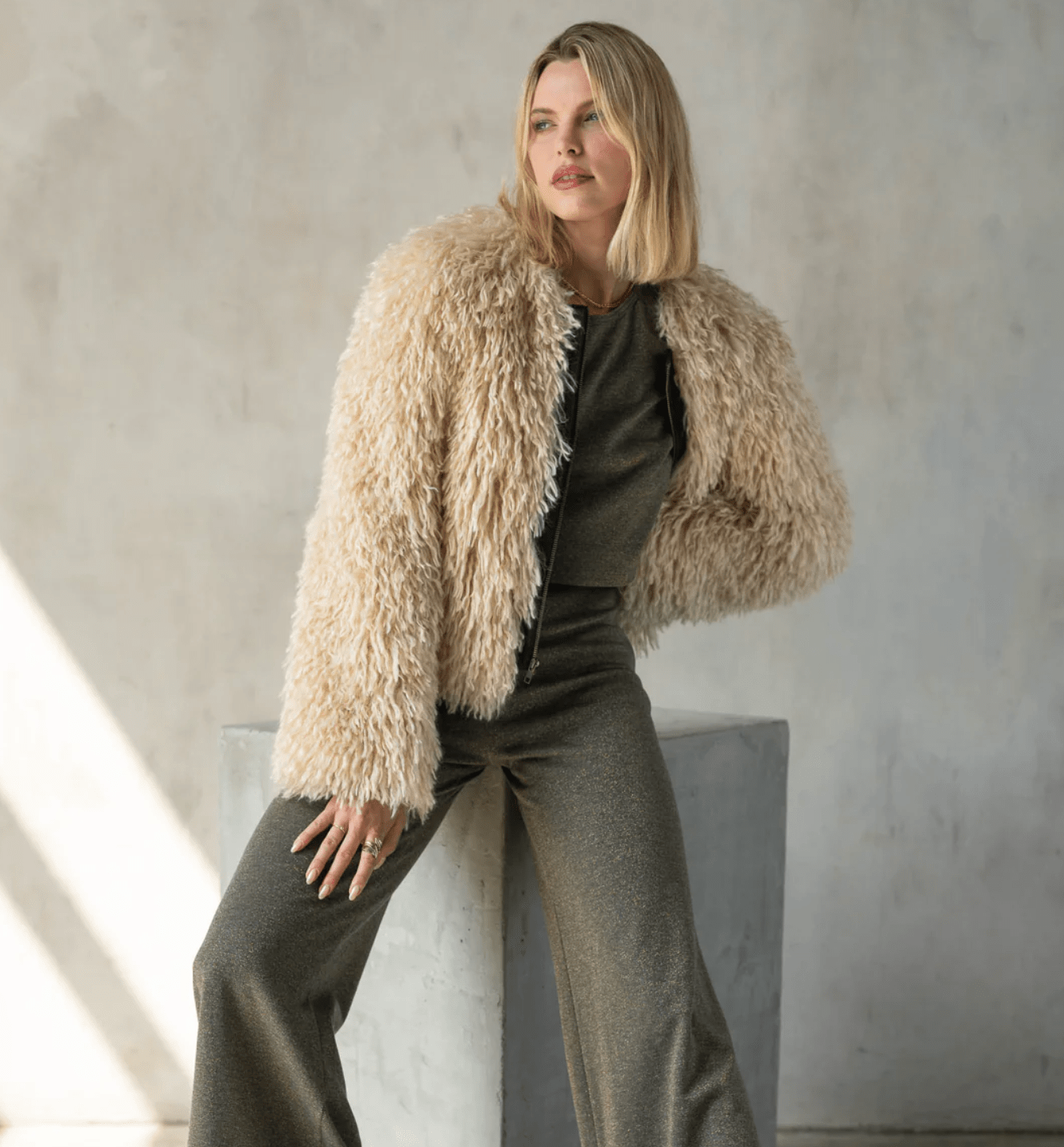 Khaki Louise Fur Jacket - Amor Lafayette