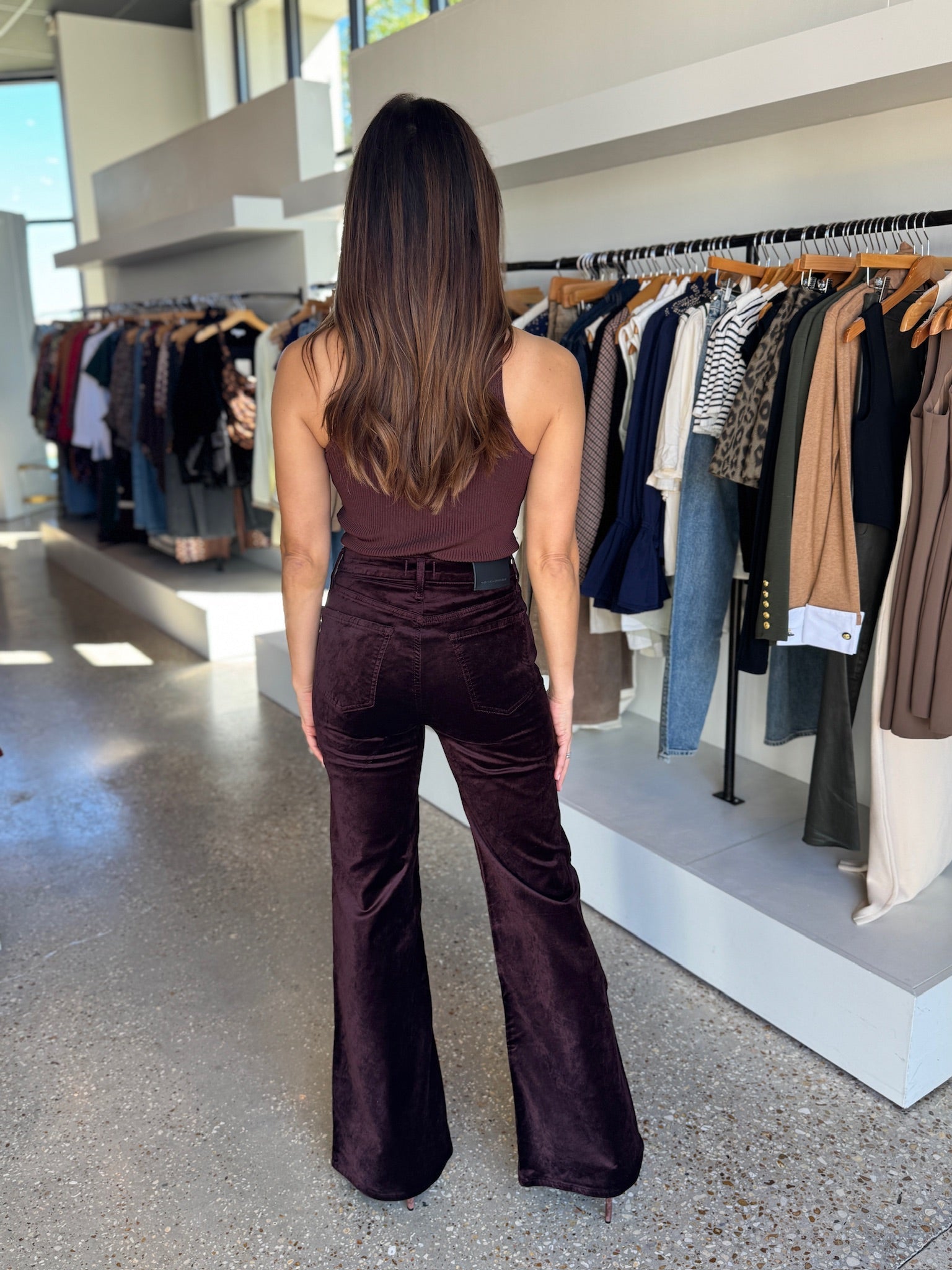 Kimberly 70's Flare In Burgundy Velvet - Amor Lafayette