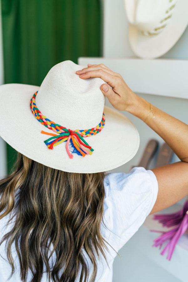 Large White Brim Palm Hat With Red Stripes - Amor Lafayette