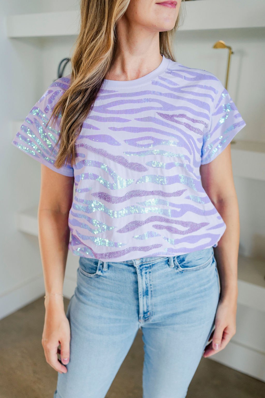 Lavender Seed Bead & Sequin Stripe Tee - Amor Lafayette