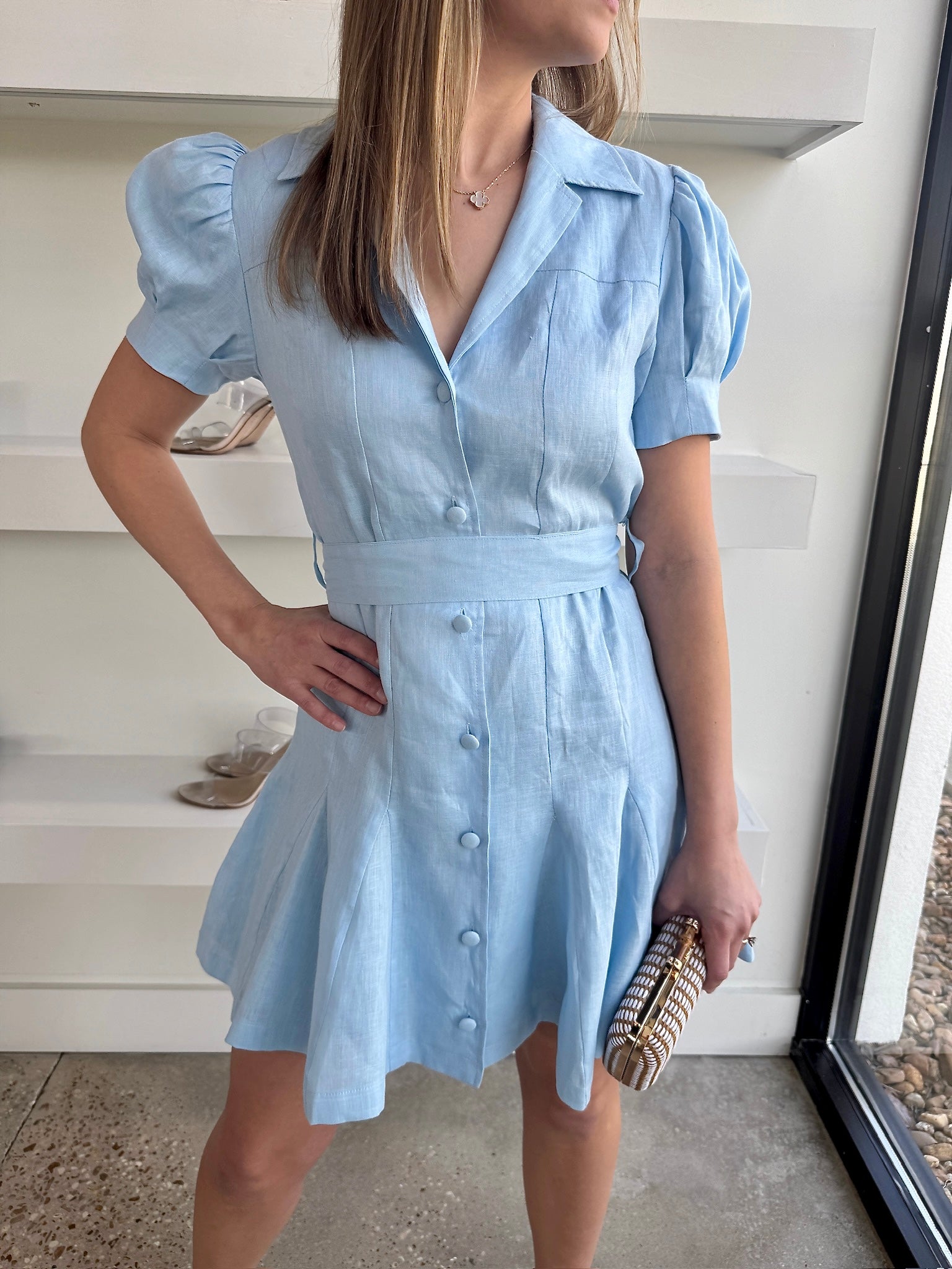 Light Blue Linen Belted Dress - Amor Lafayette