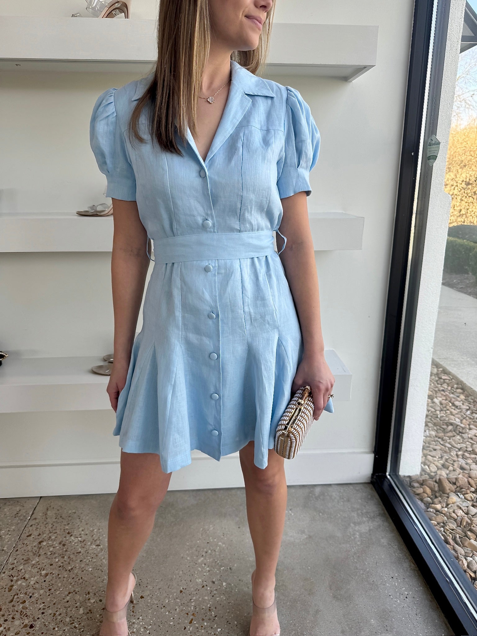 Light Blue Linen Belted Dress - Amor Lafayette