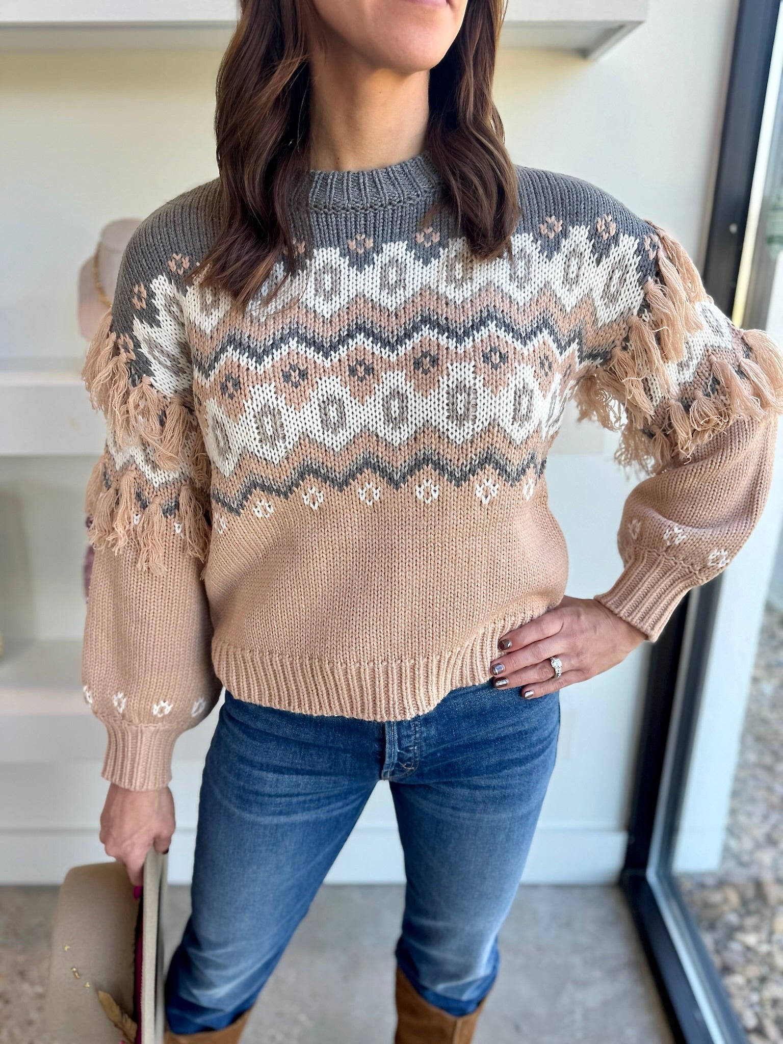 Light Taupe Margaret Fair Isle Pullover - Amor Lafayette