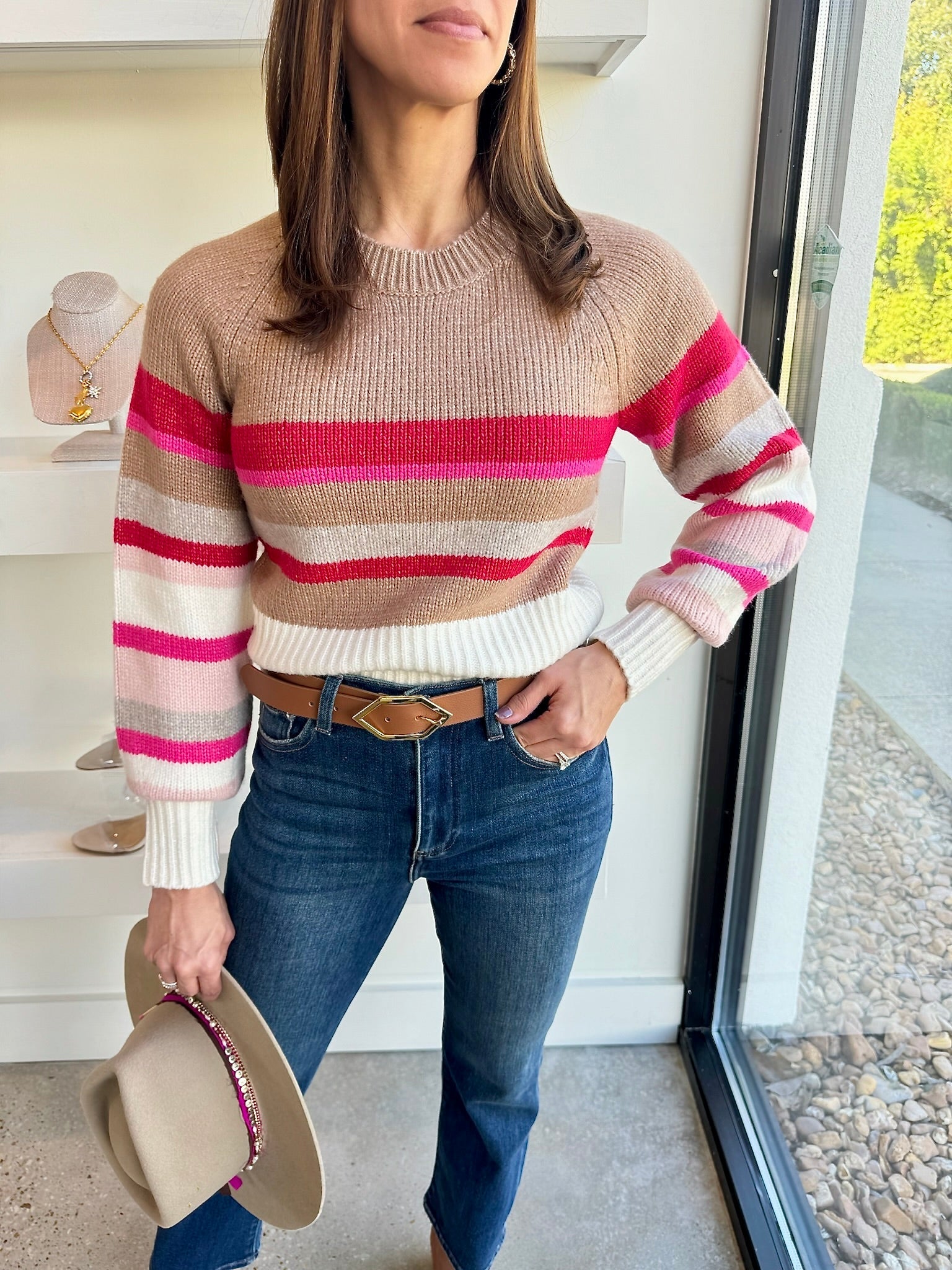 Light Taupe Stripe Raglan Pullover - Amor Lafayette