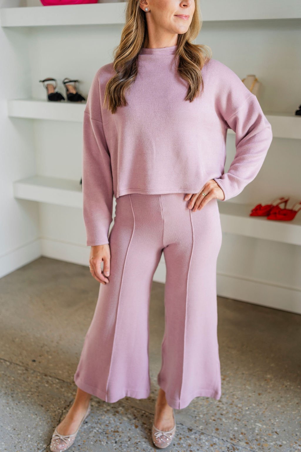 Lilac Sweater Knit Wide Leg Cropped Pant - Amor Lafayette