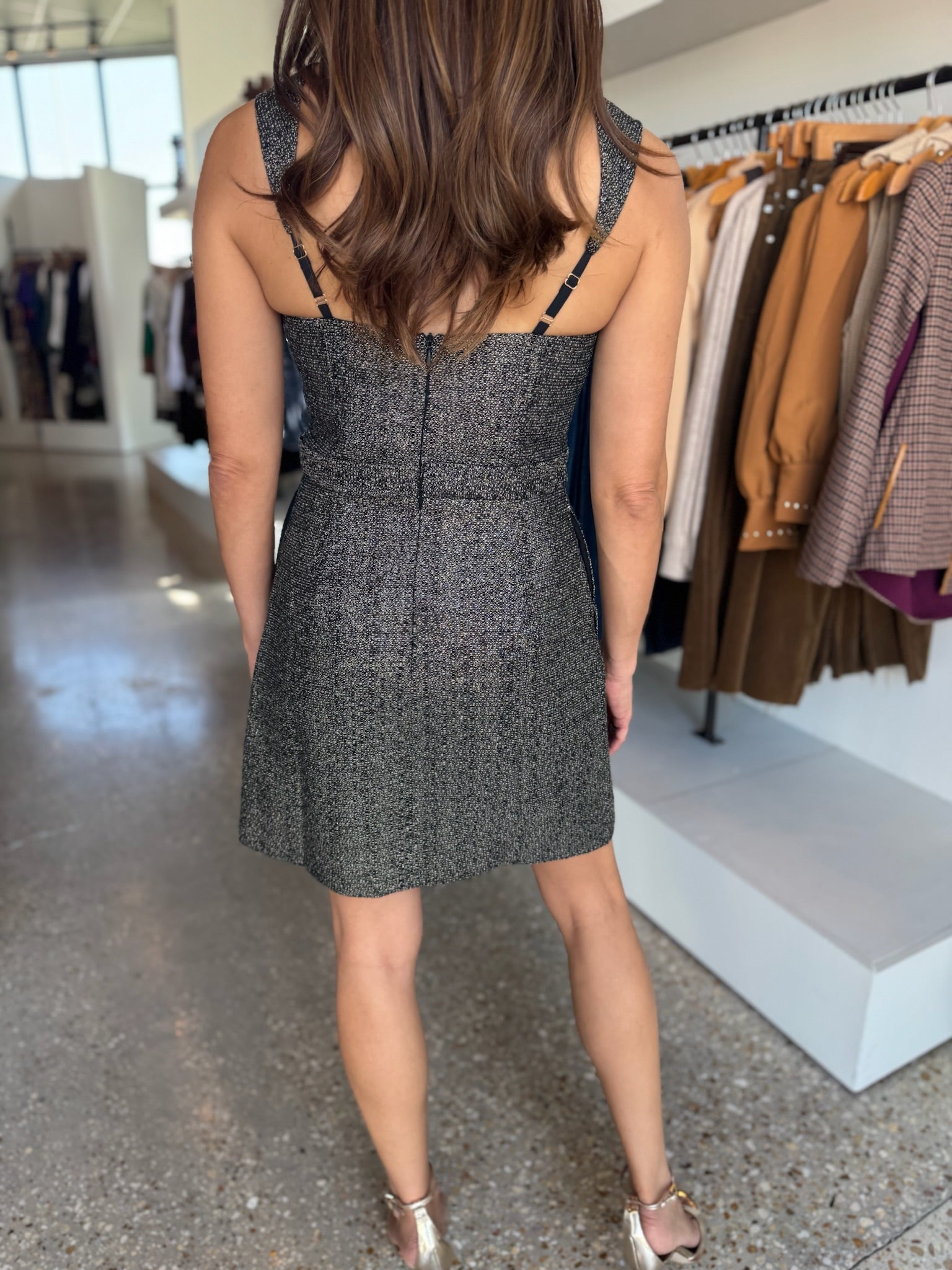 metallic tweed dress Look 6: Onyx Metallic Tweed Wrap Zip Dress