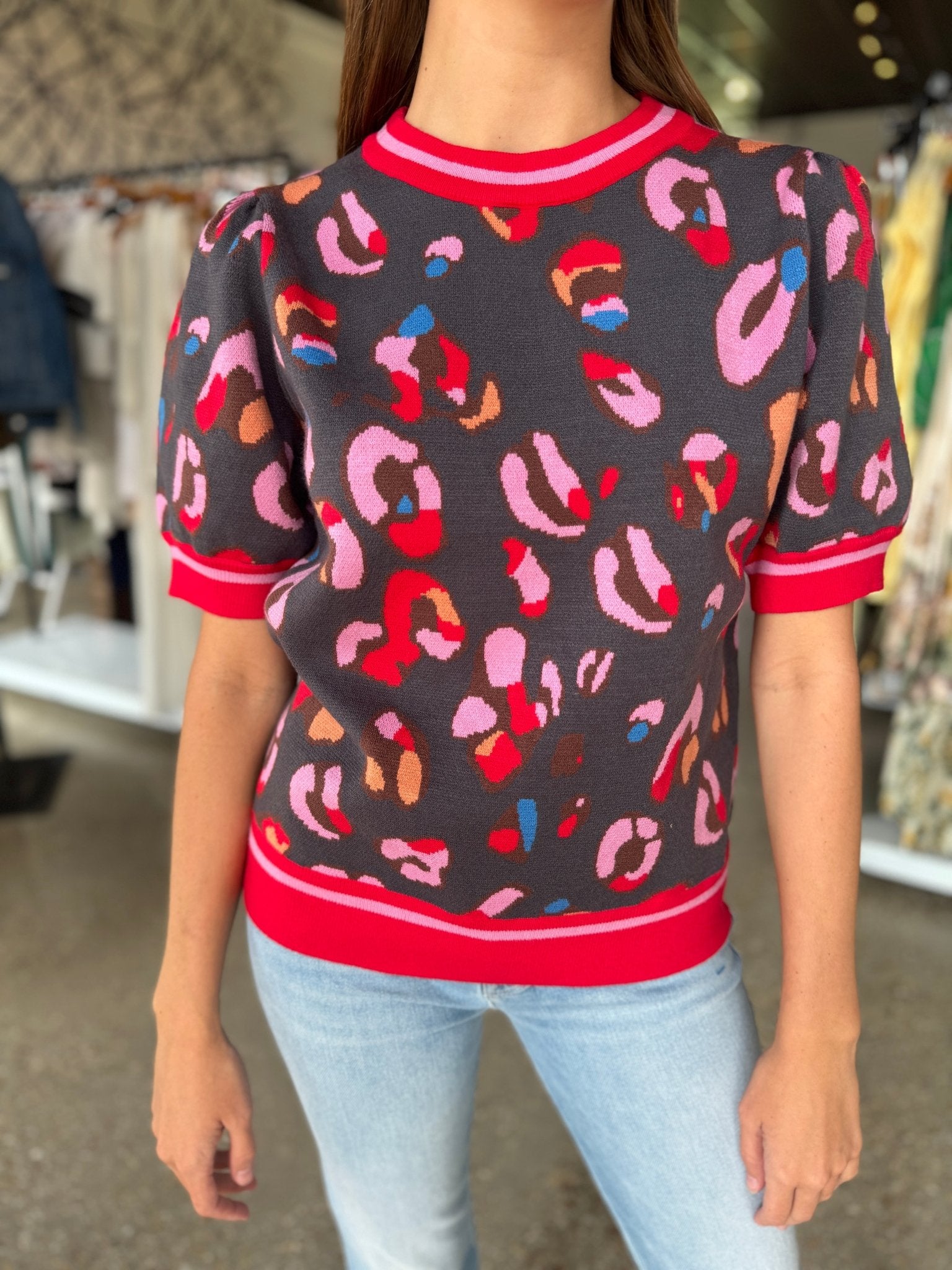 Multi Color Leopard Print Short Sleeve Sweater - Amor Lafayette