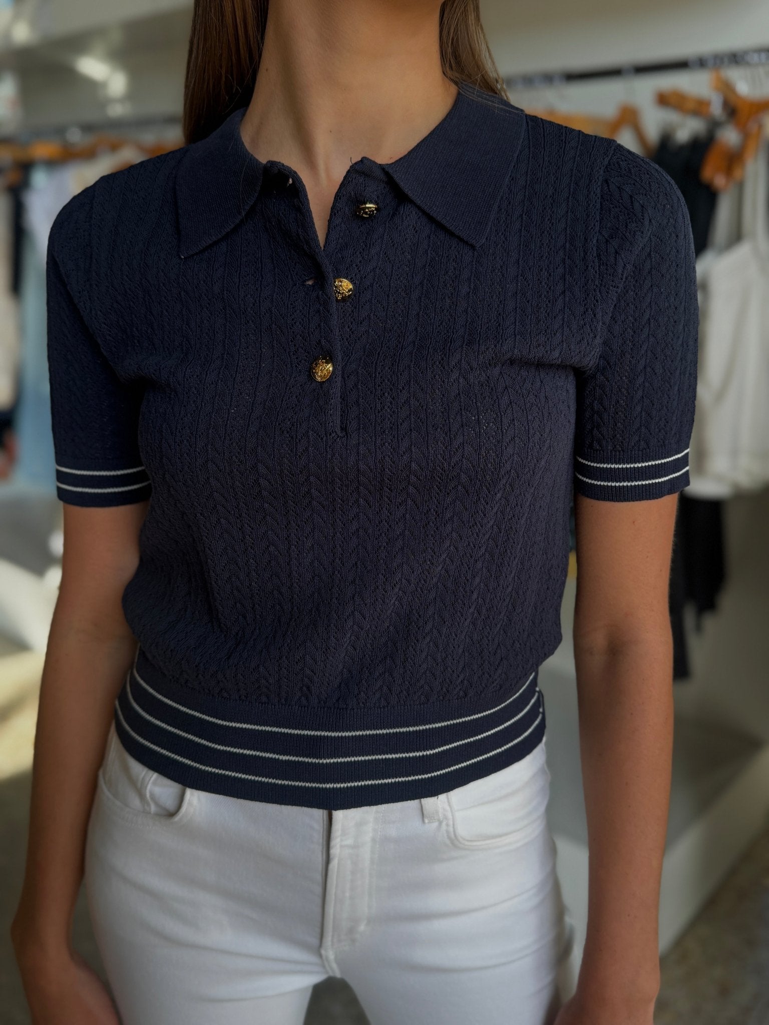 Navy Blue Crochet Short Sleeve Top - Amor Lafayette