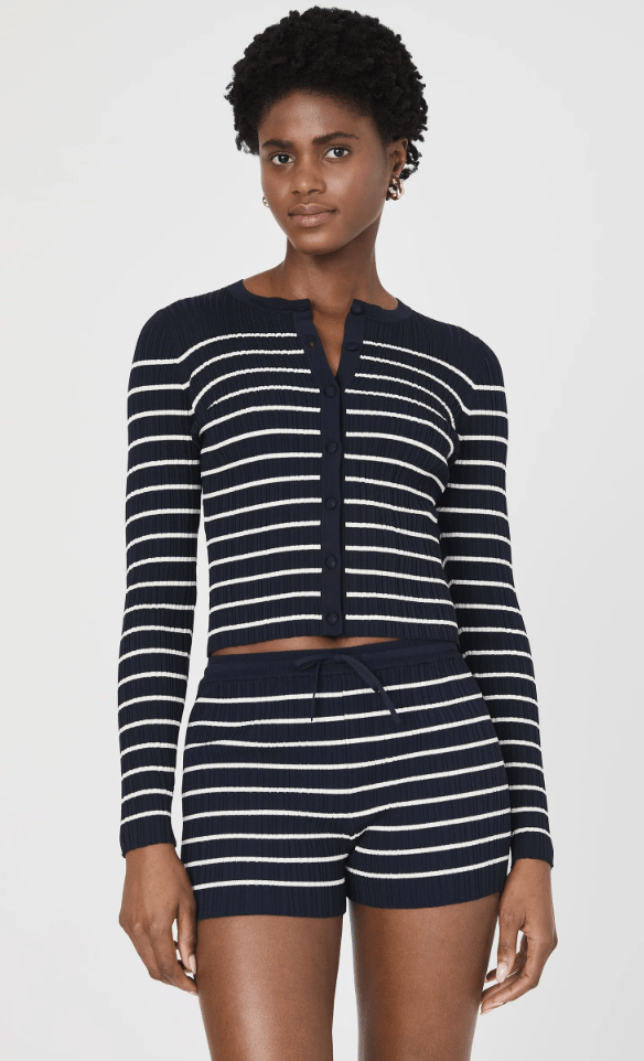 Navy Crinkle Knit Crew Cardigan - Amor Lafayette