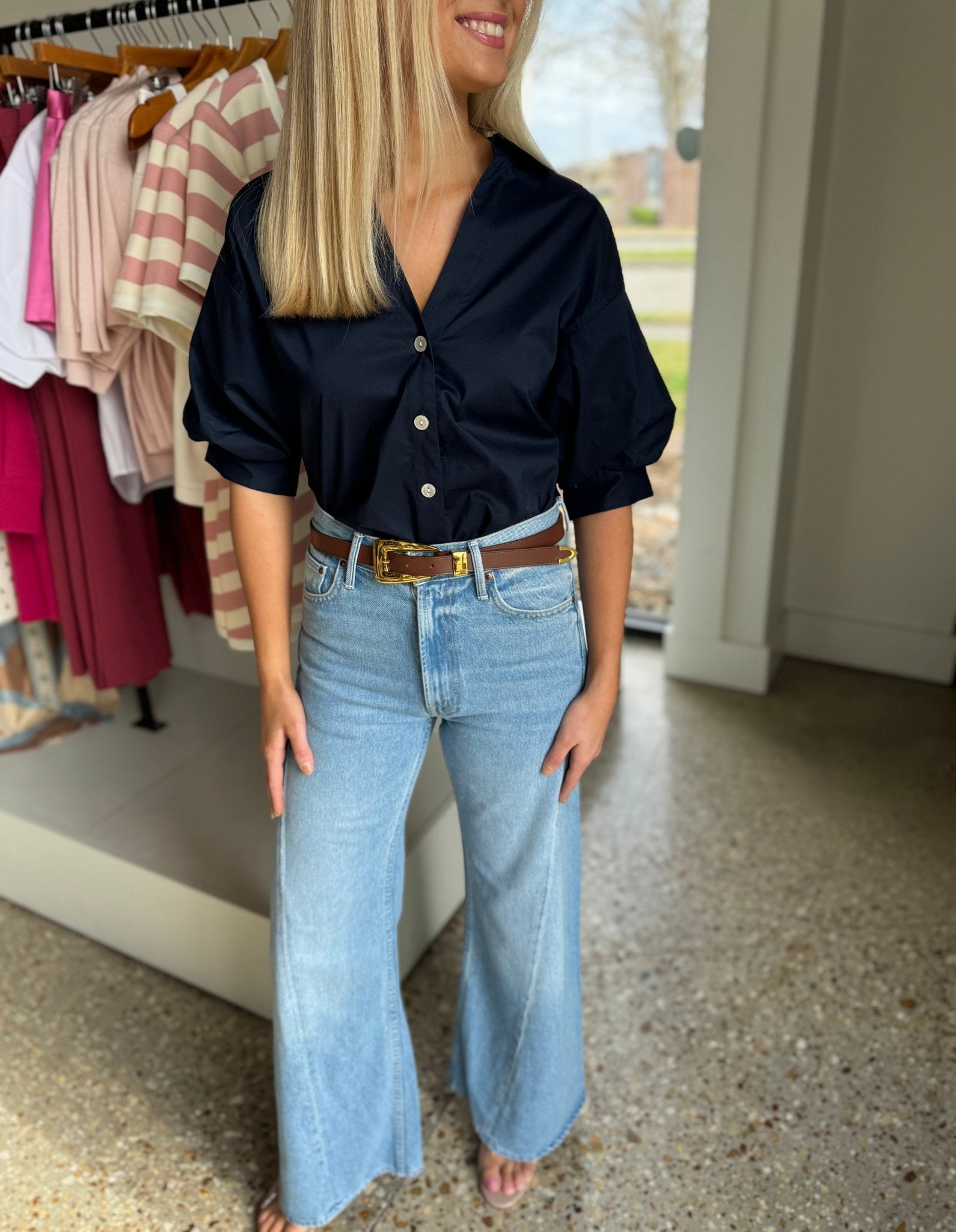 Navy Elbow Sleeve Lilian Top - Amor Lafayette