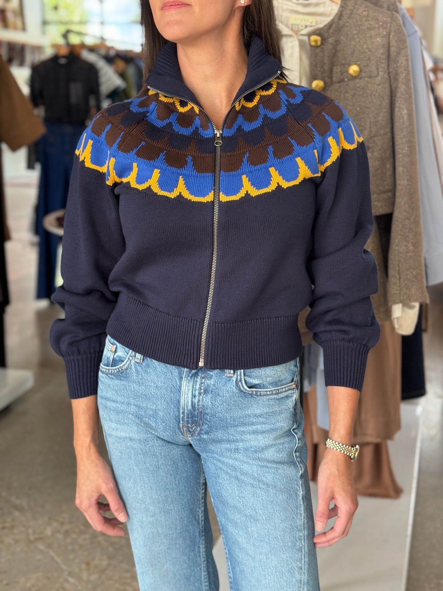 Navy Fair Isle Zip Up - Amor Lafayette
