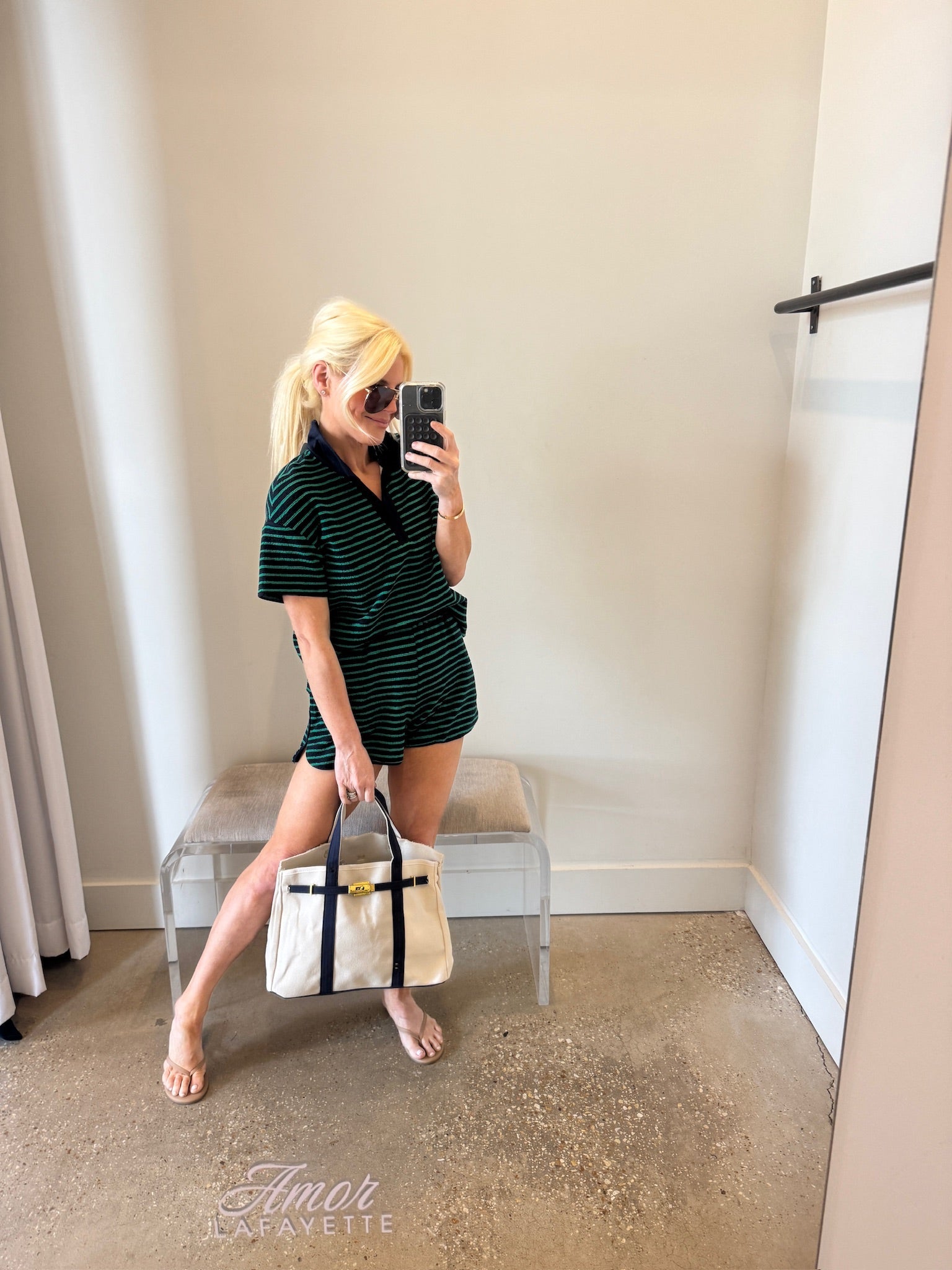 Navy Green Jetty Stripe Polo Top - Amor Lafayette