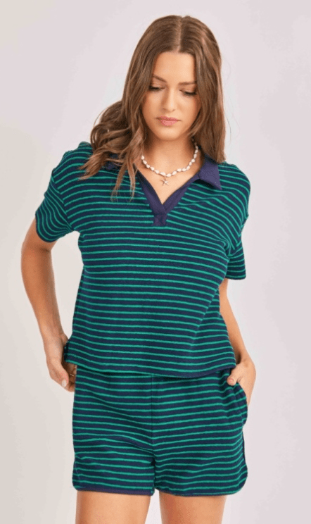 Navy Green Jetty Stripe Polo Top - Amor Lafayette