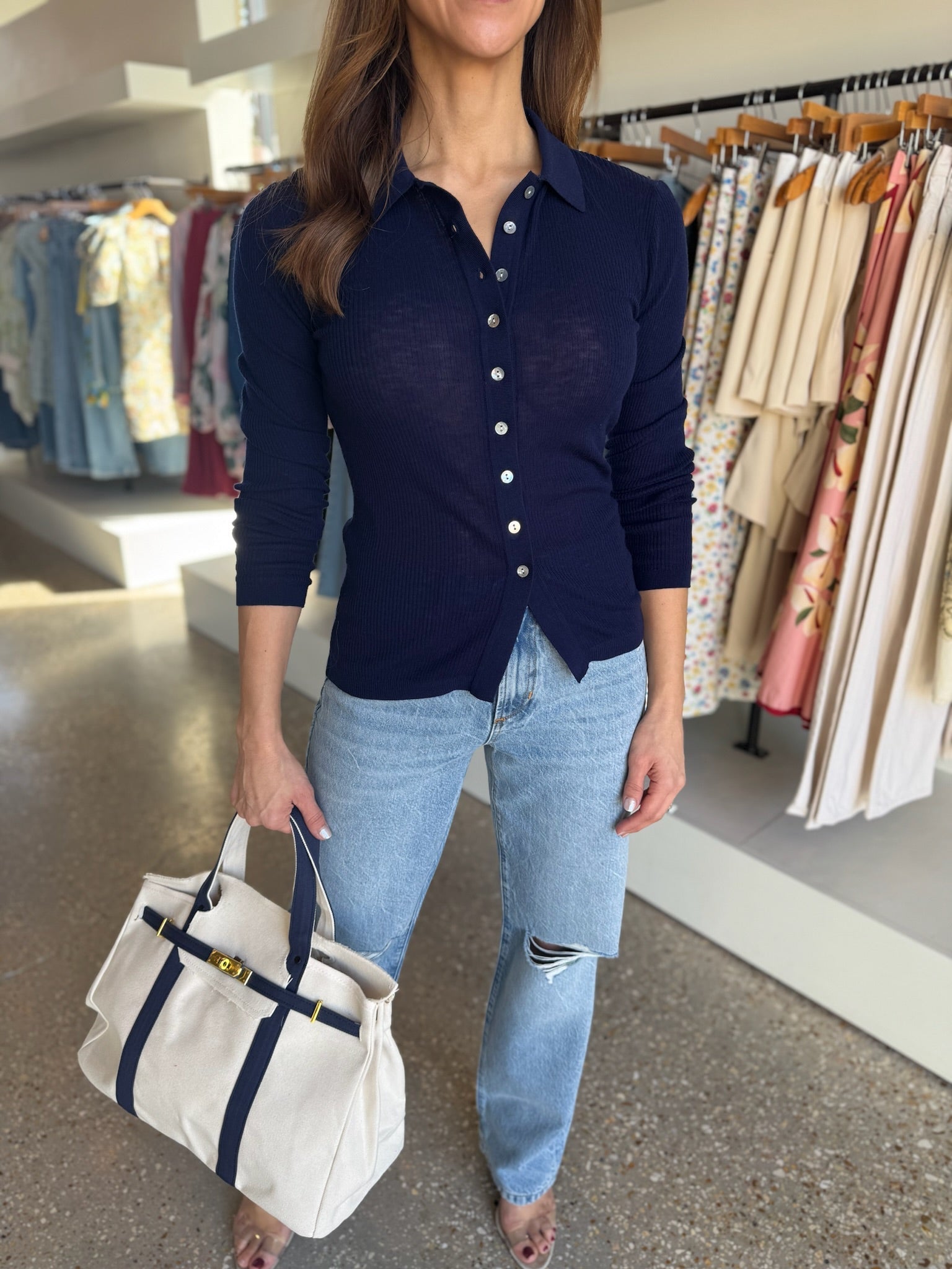 Navy Korey Fitted Rib Cardigan Sweater - Amor Lafayette