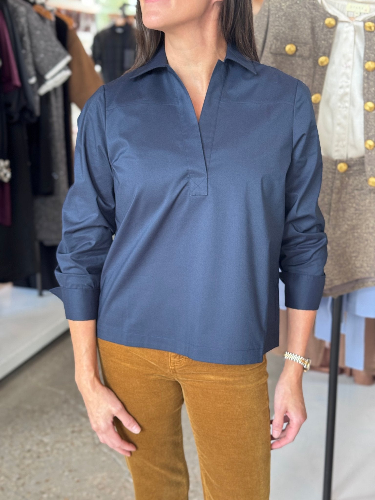 Navy Long Sleeve Monica Top - Amor Lafayette