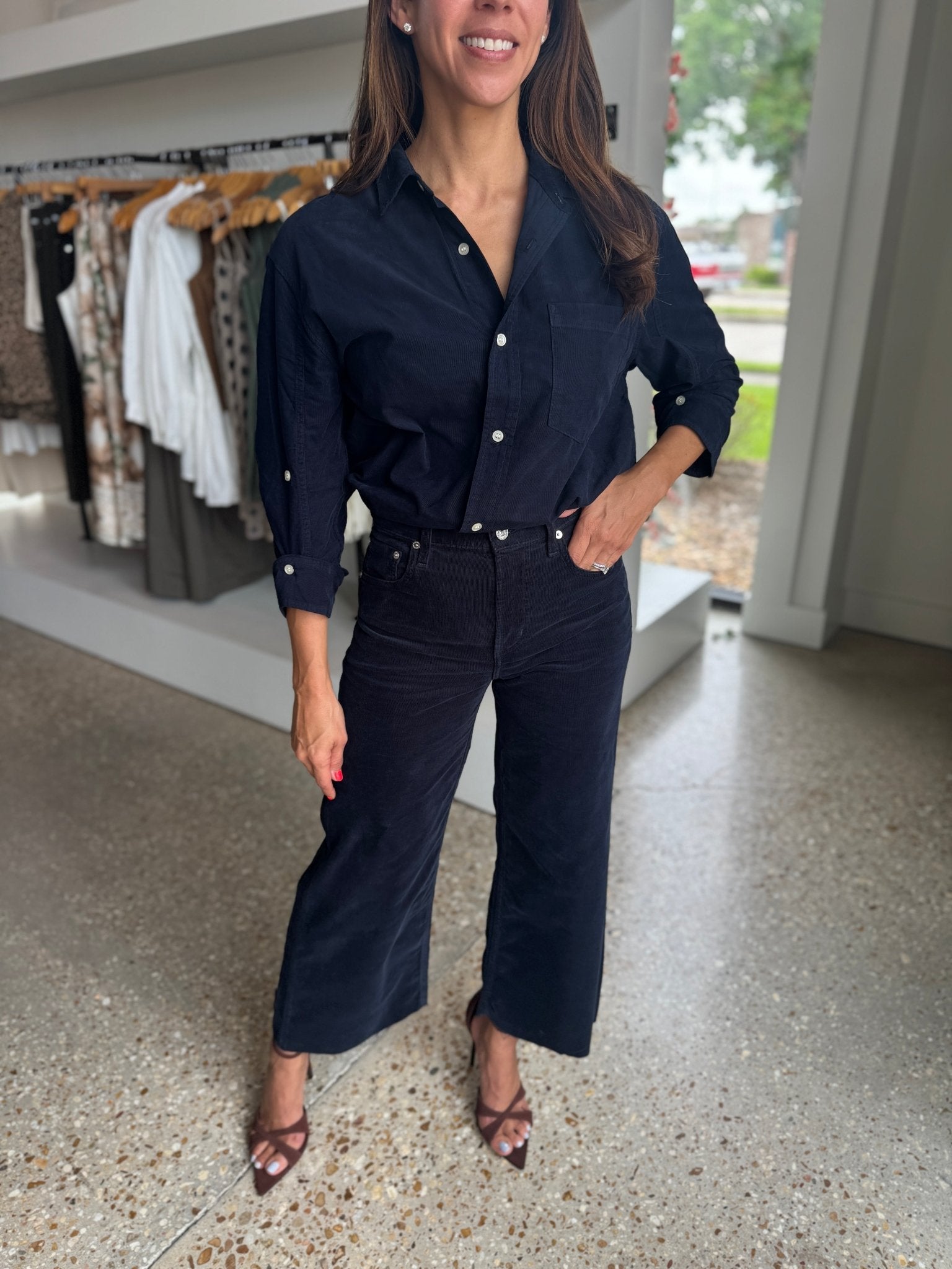 Navy Lyra Wide Leg Crop Corduroy - Amor Lafayette