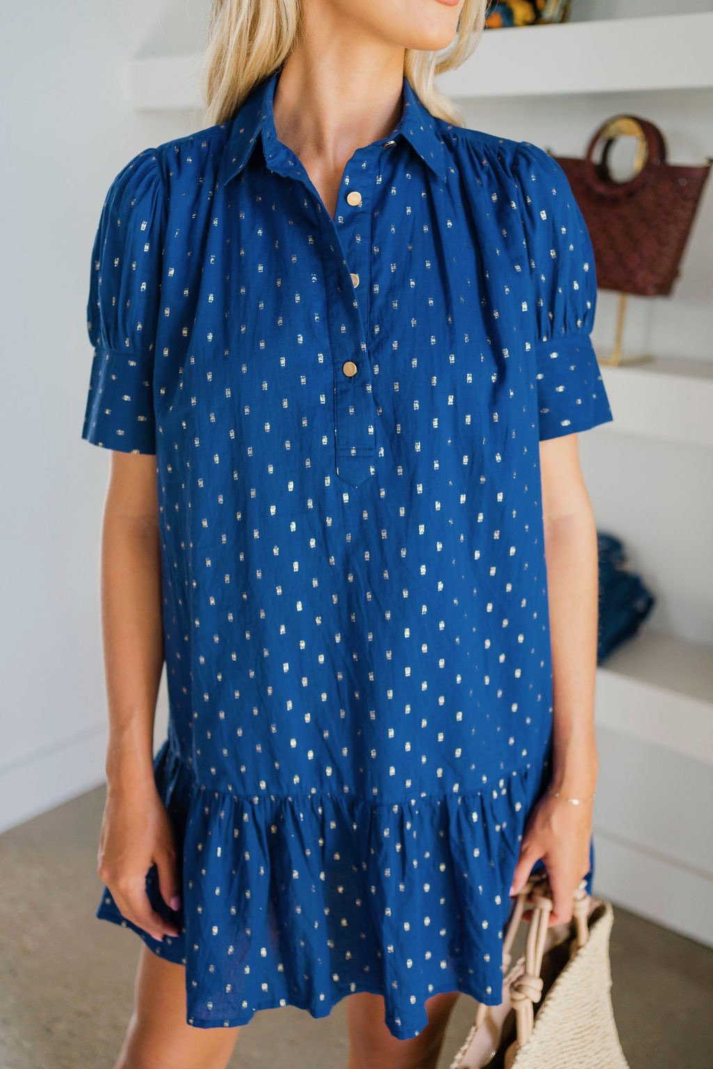 Navy Metallic Dot Everything Short Sleeve Dress with Ruffle - Amor Lafayette