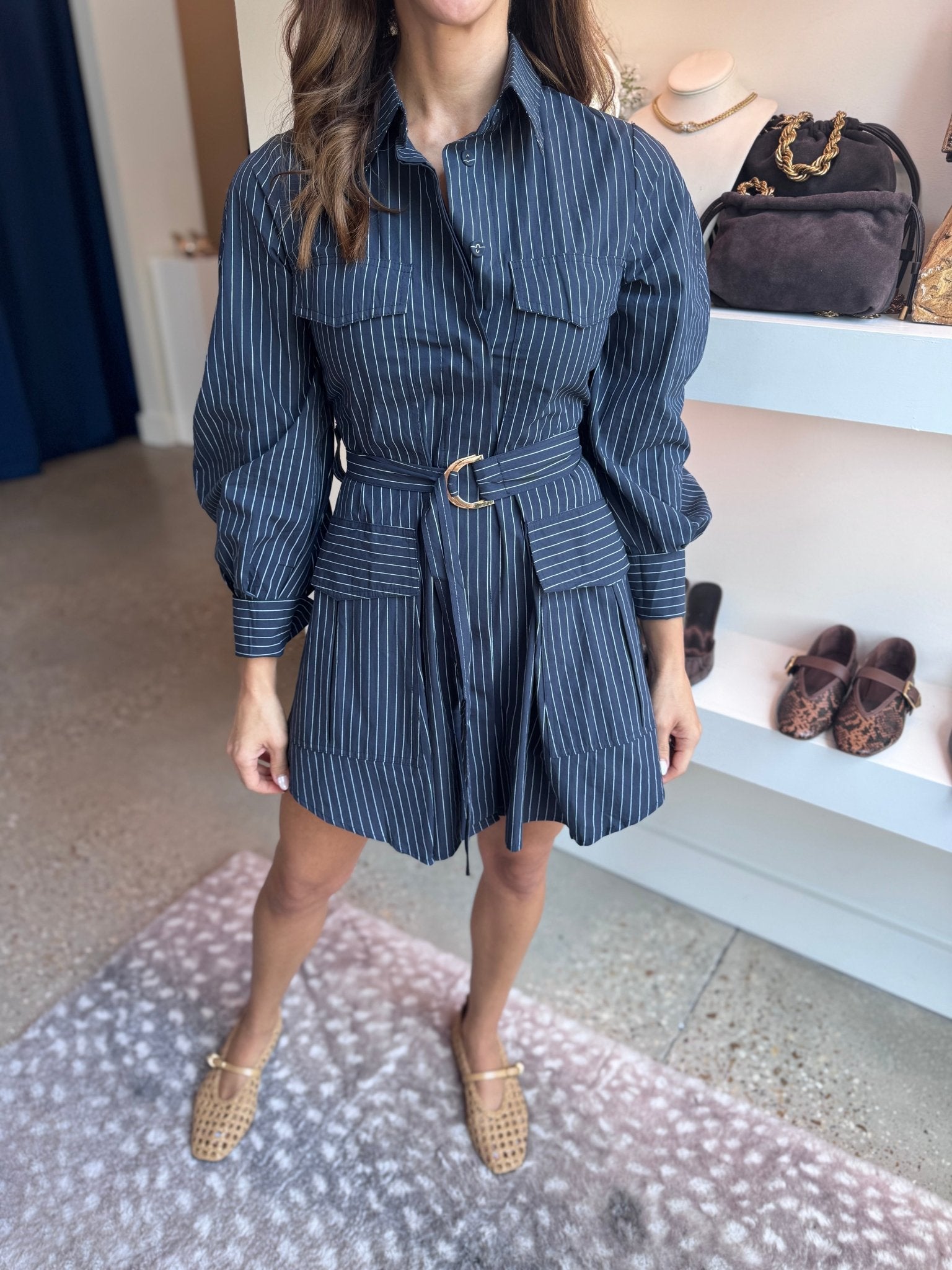 Navy Poplin Stripe Fatema Dress - Amor Lafayette