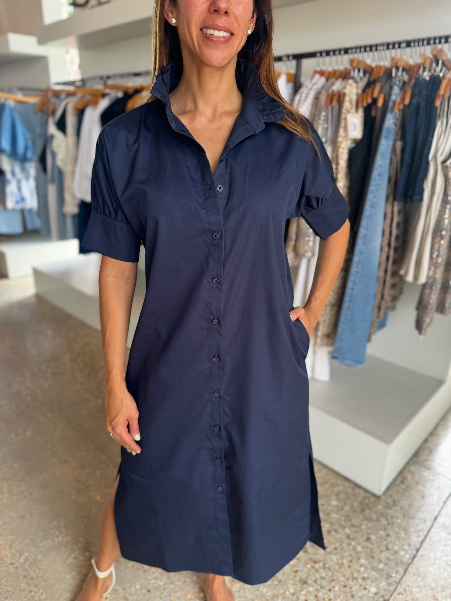 Navy Ruffle Shirt Dress - Amor Lafayette