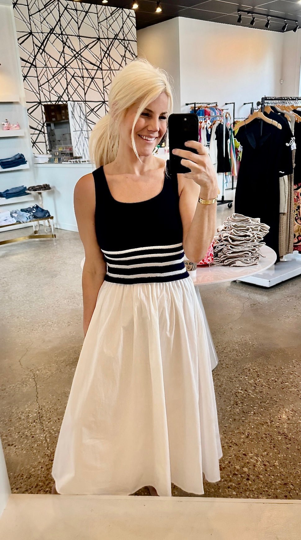 Navy Stripe Knit Bodice Midi Dress - Amor Lafayette