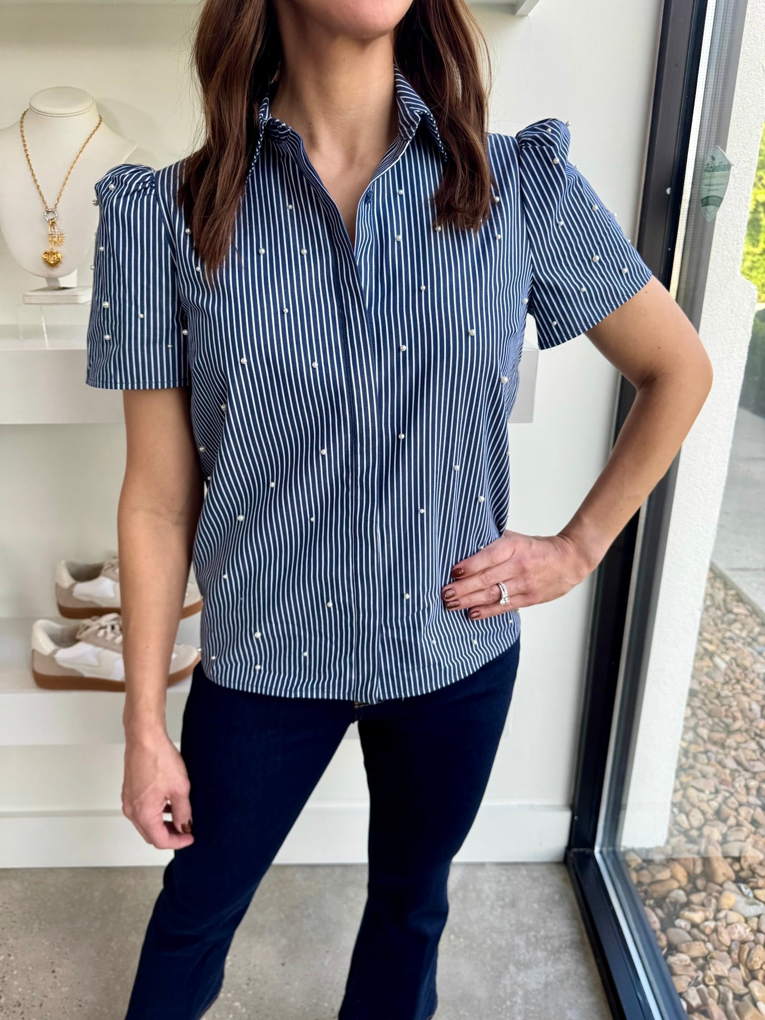 Navy White Murphy Pearl Embellished Pinstripe Shirt - Amor Lafayette