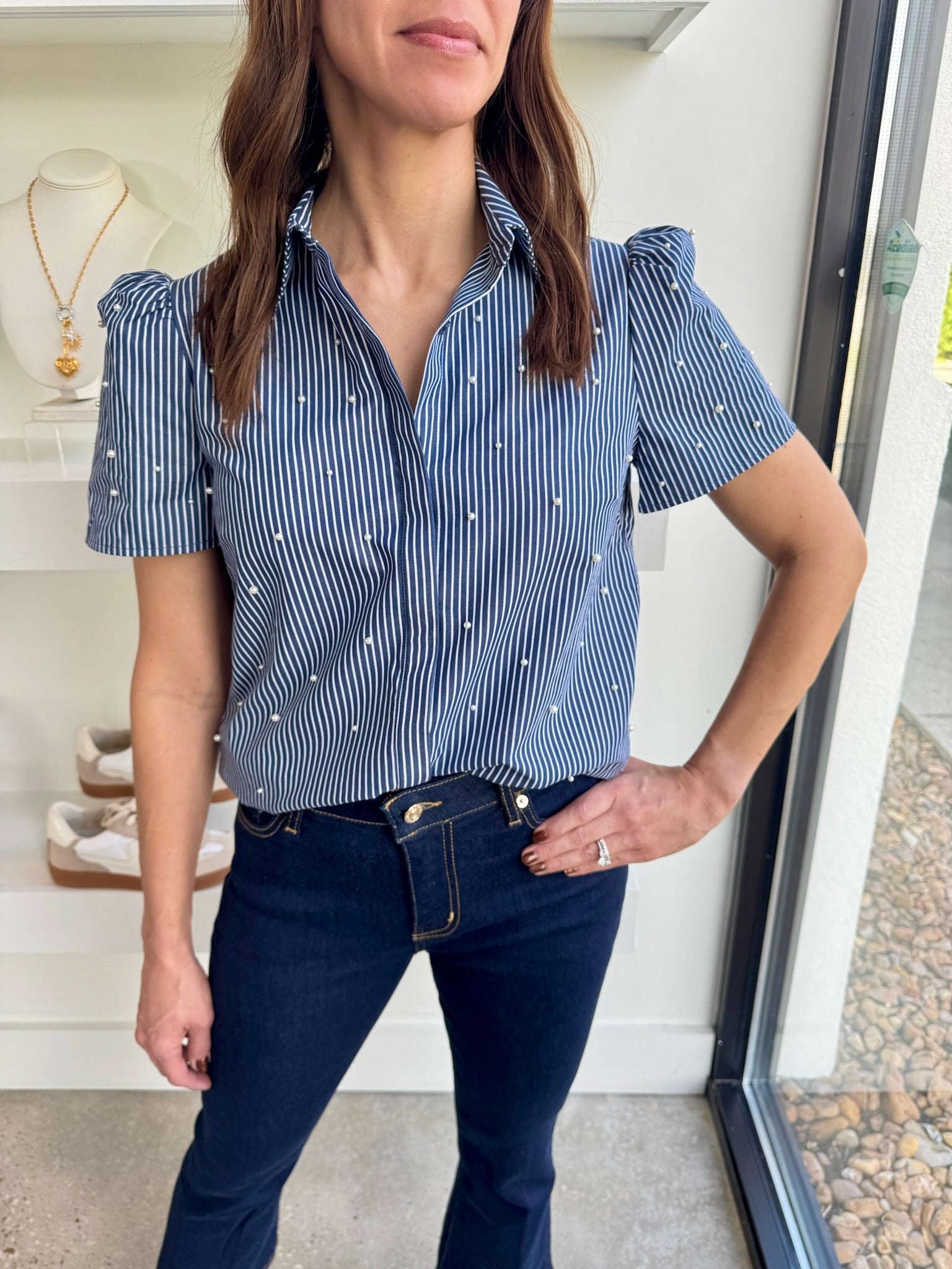 Navy White Murphy Pearl Embellished Pinstripe Shirt - Amor Lafayette