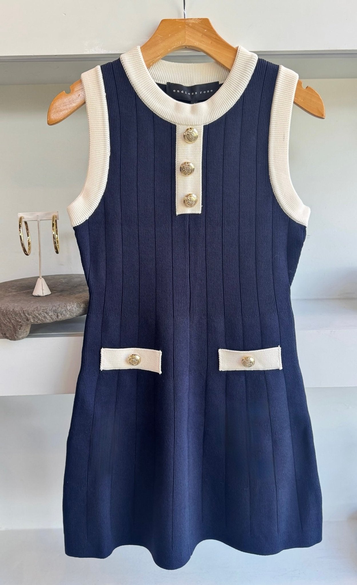 Navy/Ivory Contrast Knit Mini Dress - Amor Lafayette