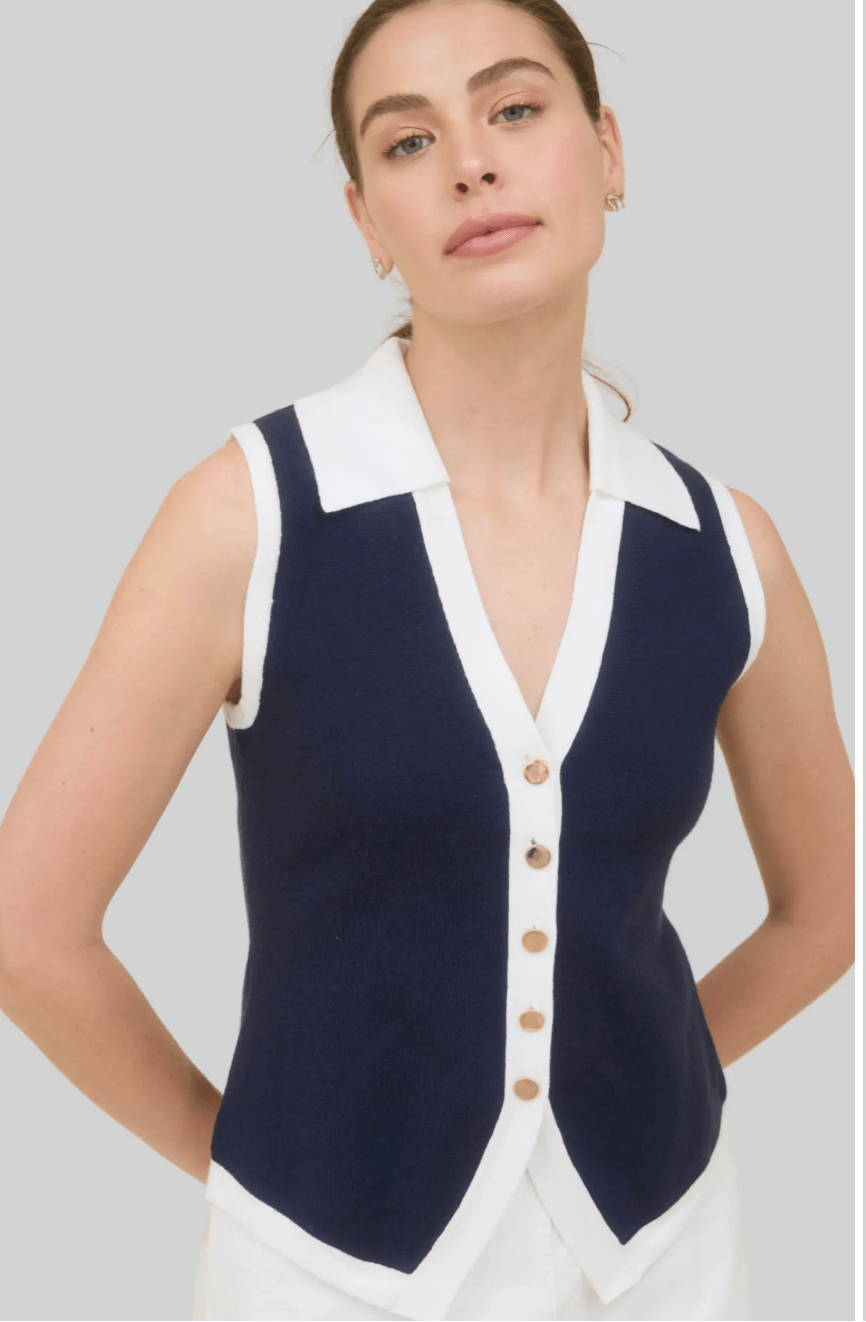 Navy/White Button Vest - Amor Lafayette
