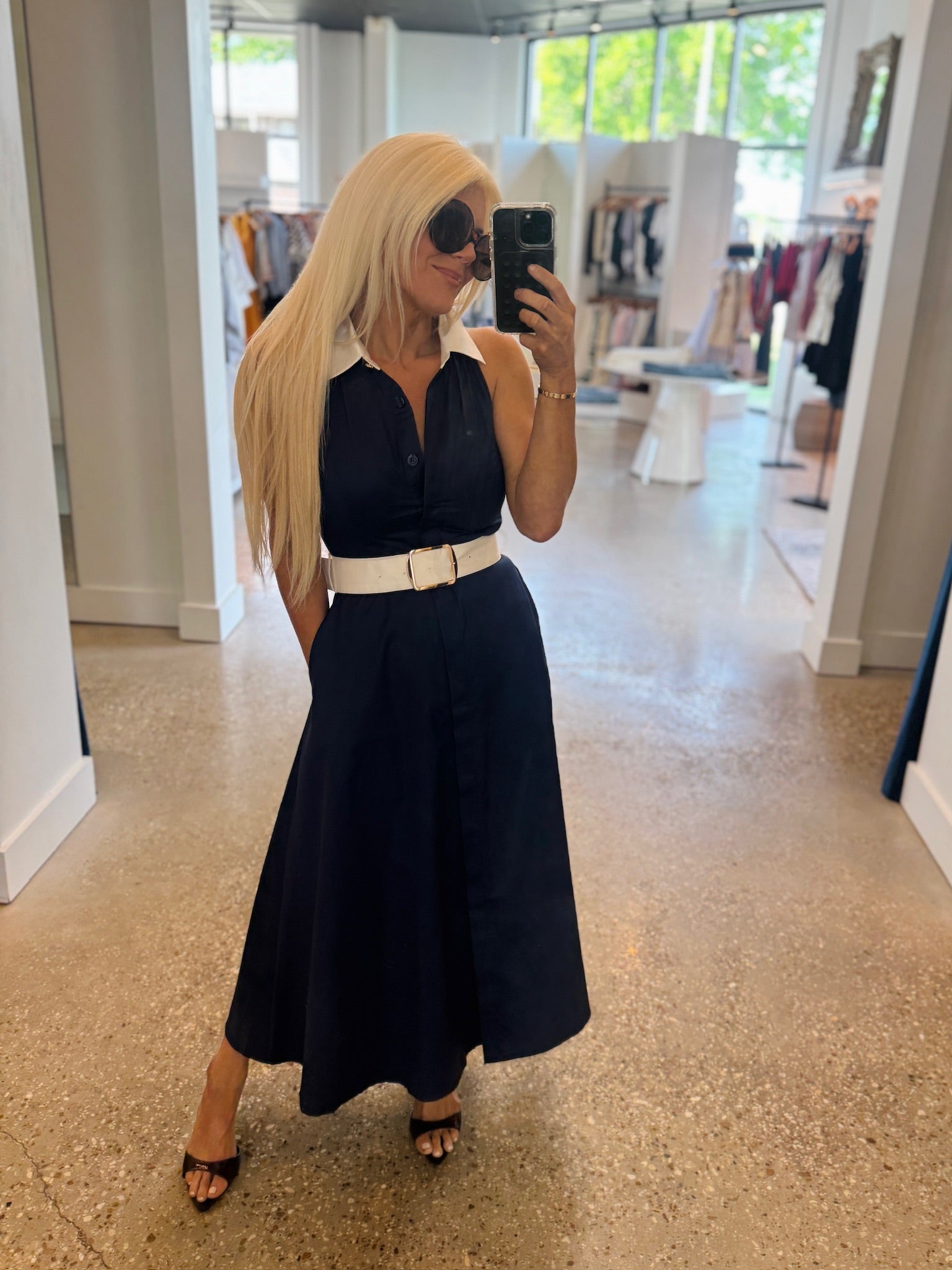 navy blue dress with white belt Cristina Dress w. PVC Belt