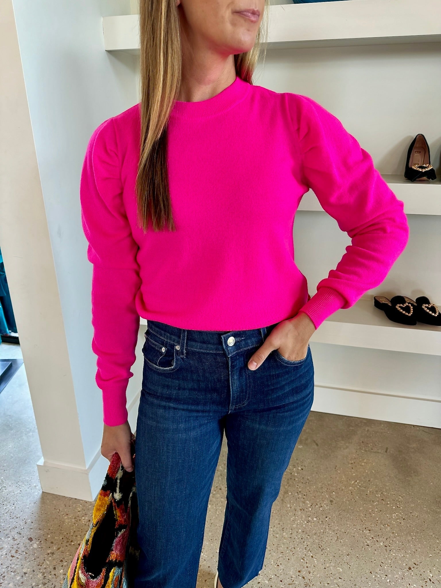 Neon Pink Long Puff Sleeves Sweater - Amor Lafayette