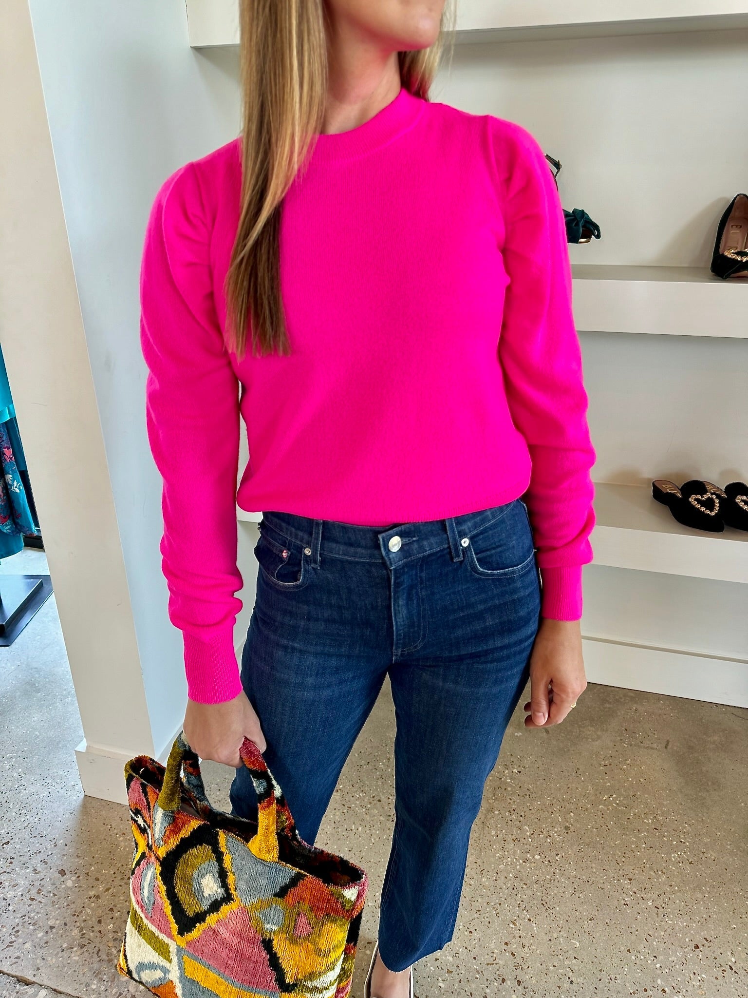 Neon Pink Long Puff Sleeves Sweater - Amor Lafayette