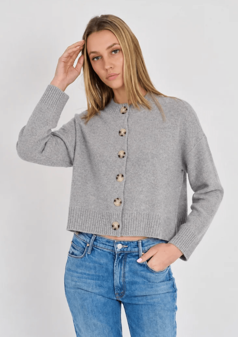 NINA Heather Grey CASHMERE CREWNECK CARDIGAN - Amor Lafayette