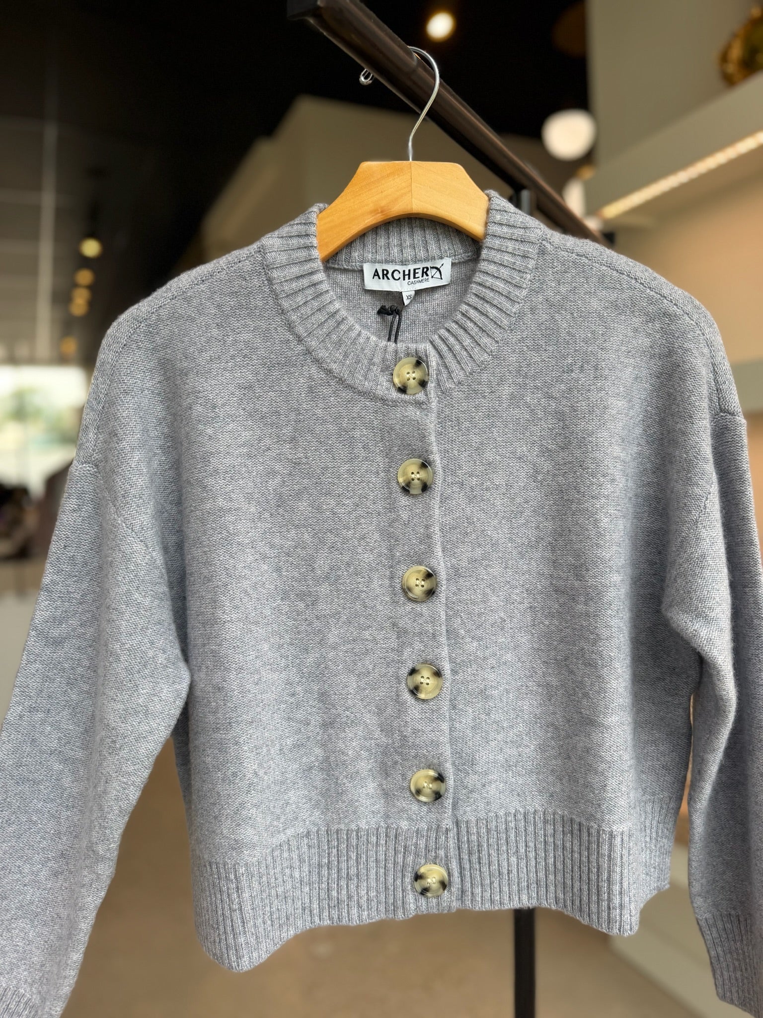 NINA Heather Grey CASHMERE CREWNECK CARDIGAN - Amor Lafayette