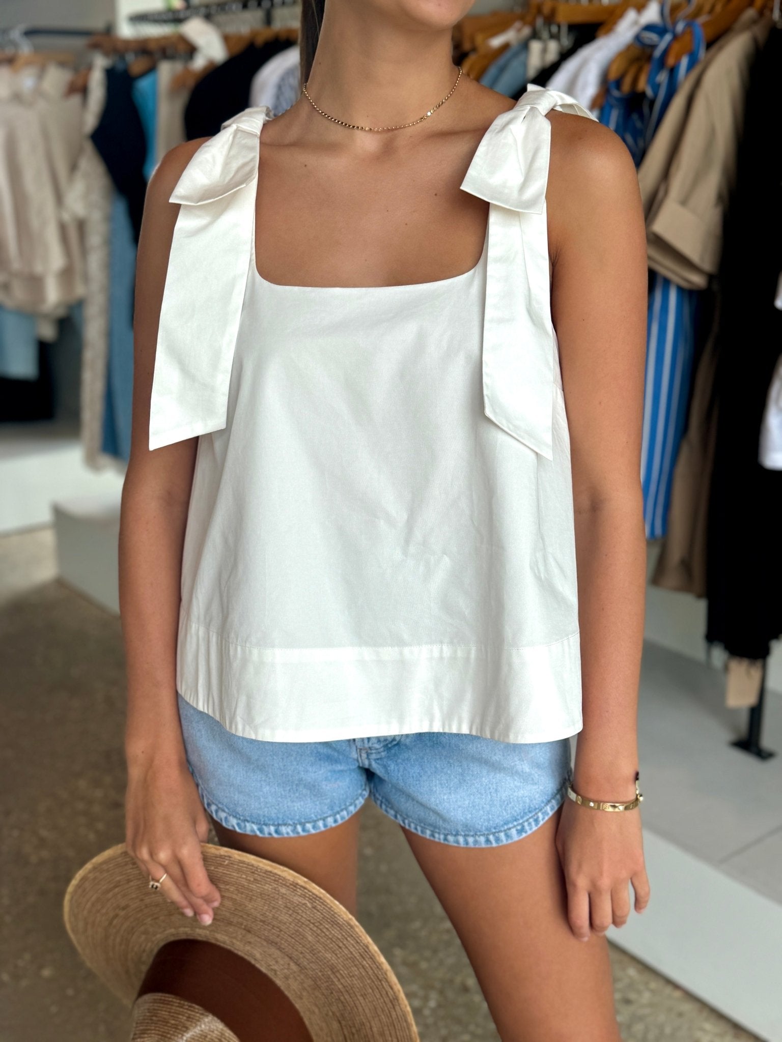 Off White Bow Sleeveless Top - Amor Lafayette