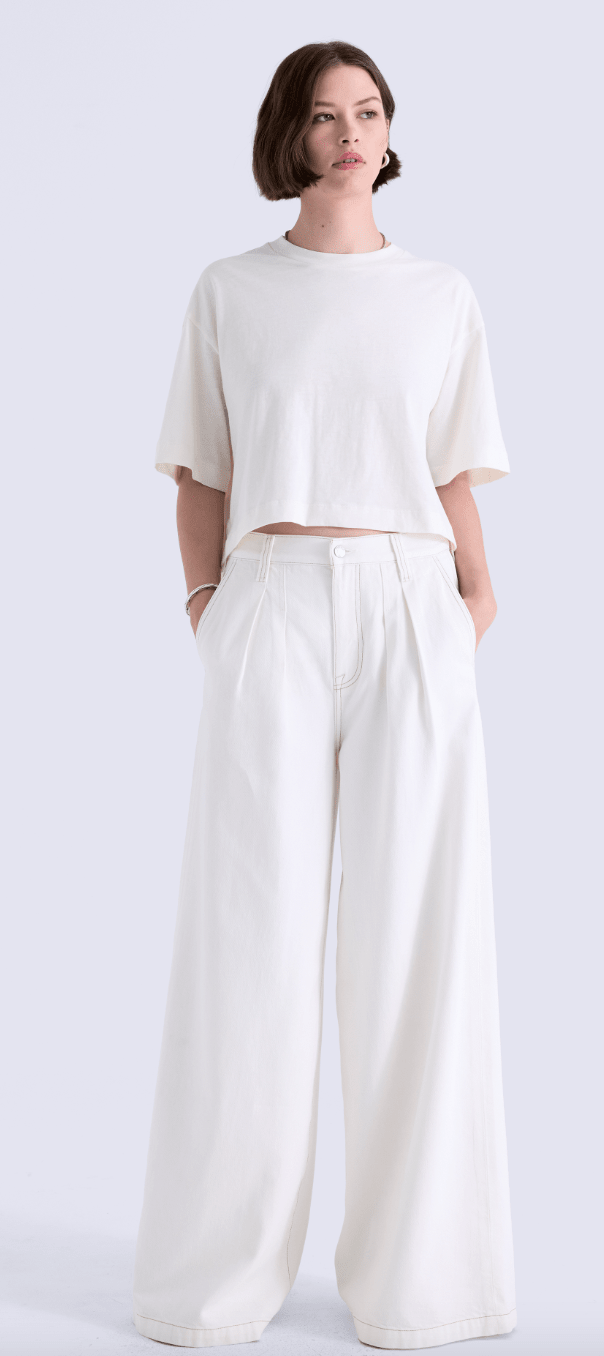 Off White Delphine Pleated Denim Wide Leg - Amor Lafayette
