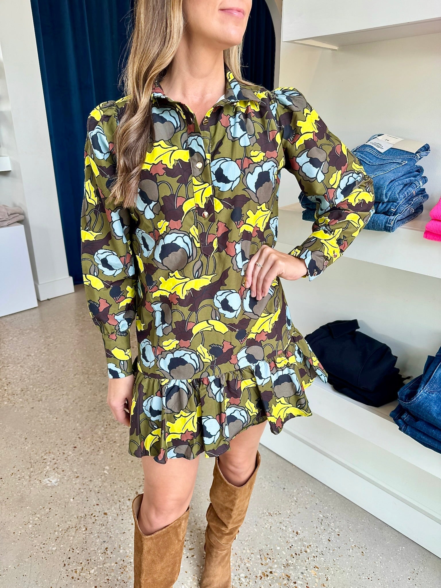 Olive Floral Everything Long Sleeve Dress with Ruffle - Amor Lafayette