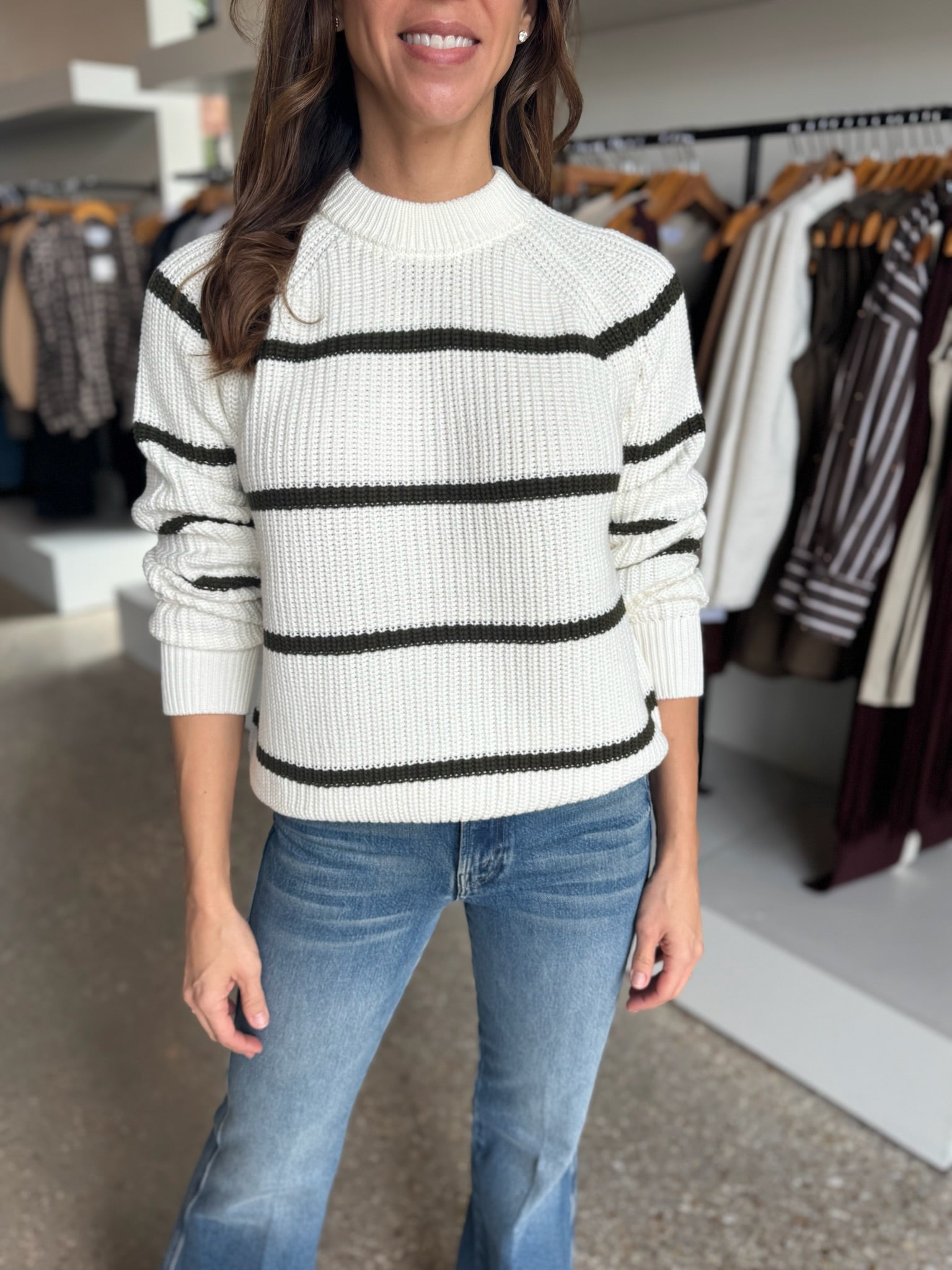 Olive Stripe Edie Raglan Crewneck Sweater - Amor Lafayette