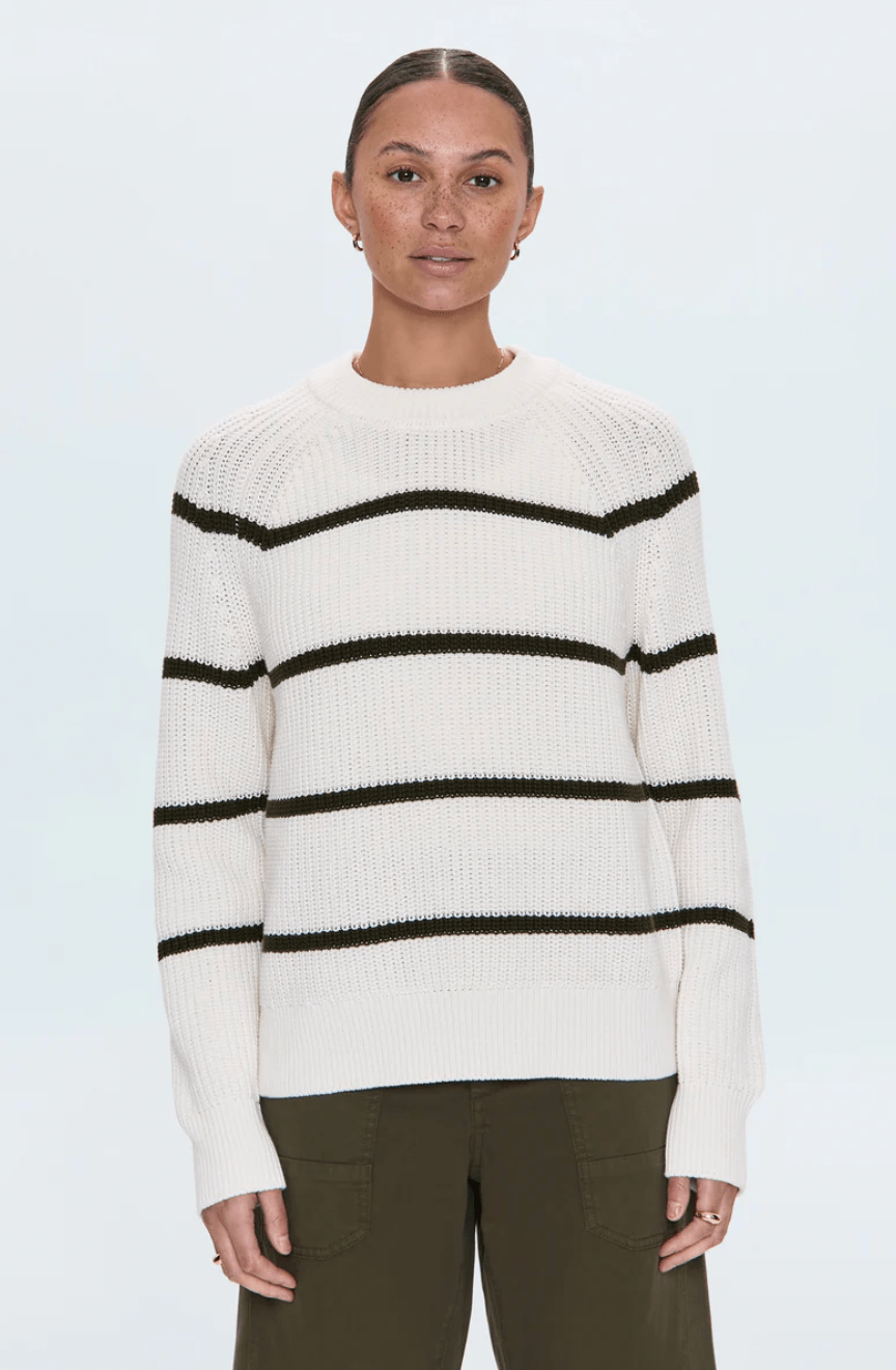 Olive Stripe Edie Raglan Crewneck Sweater - Amor Lafayette